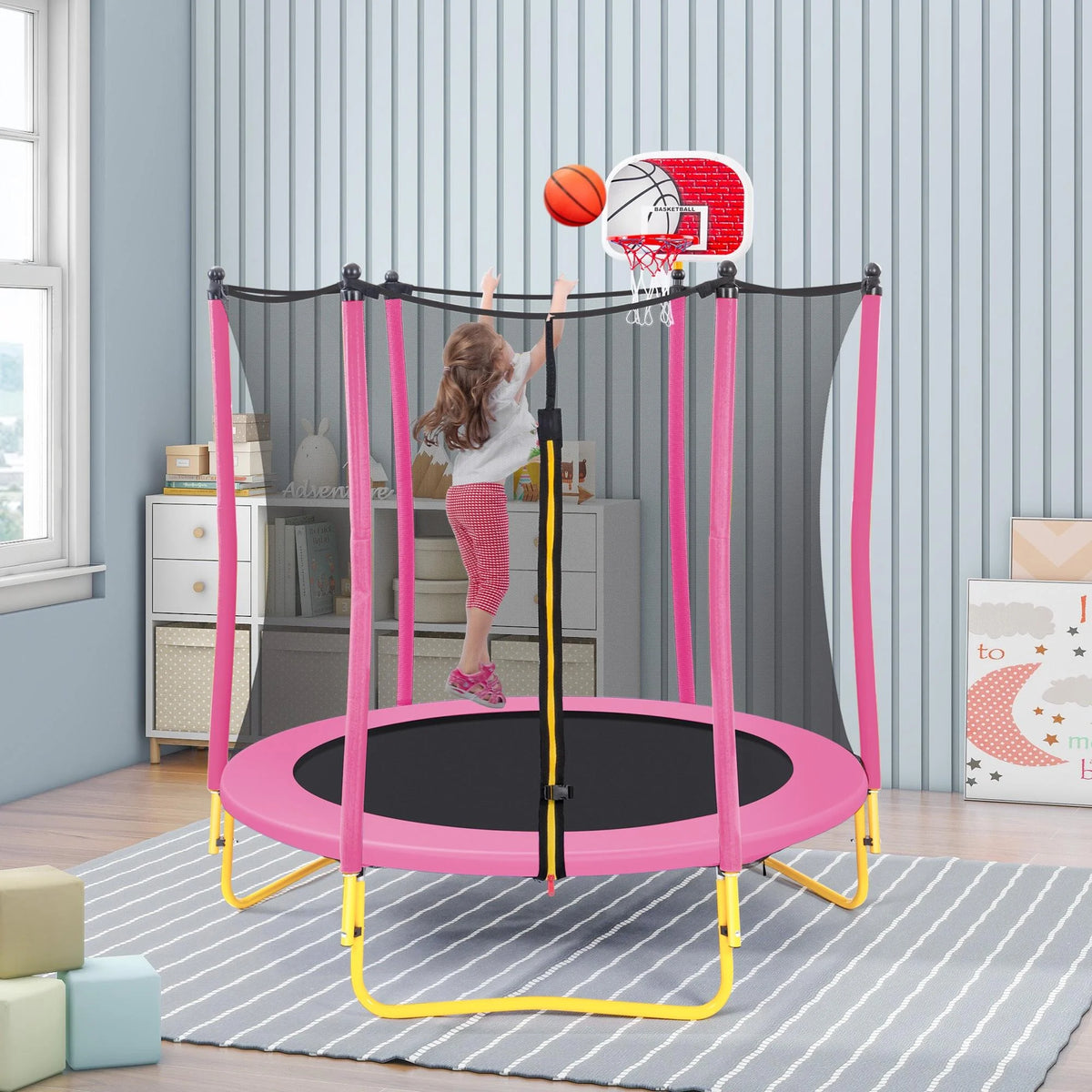 Pink Round Mini Toddler Trampoline with Enclosure and Basketball Hoop K67051