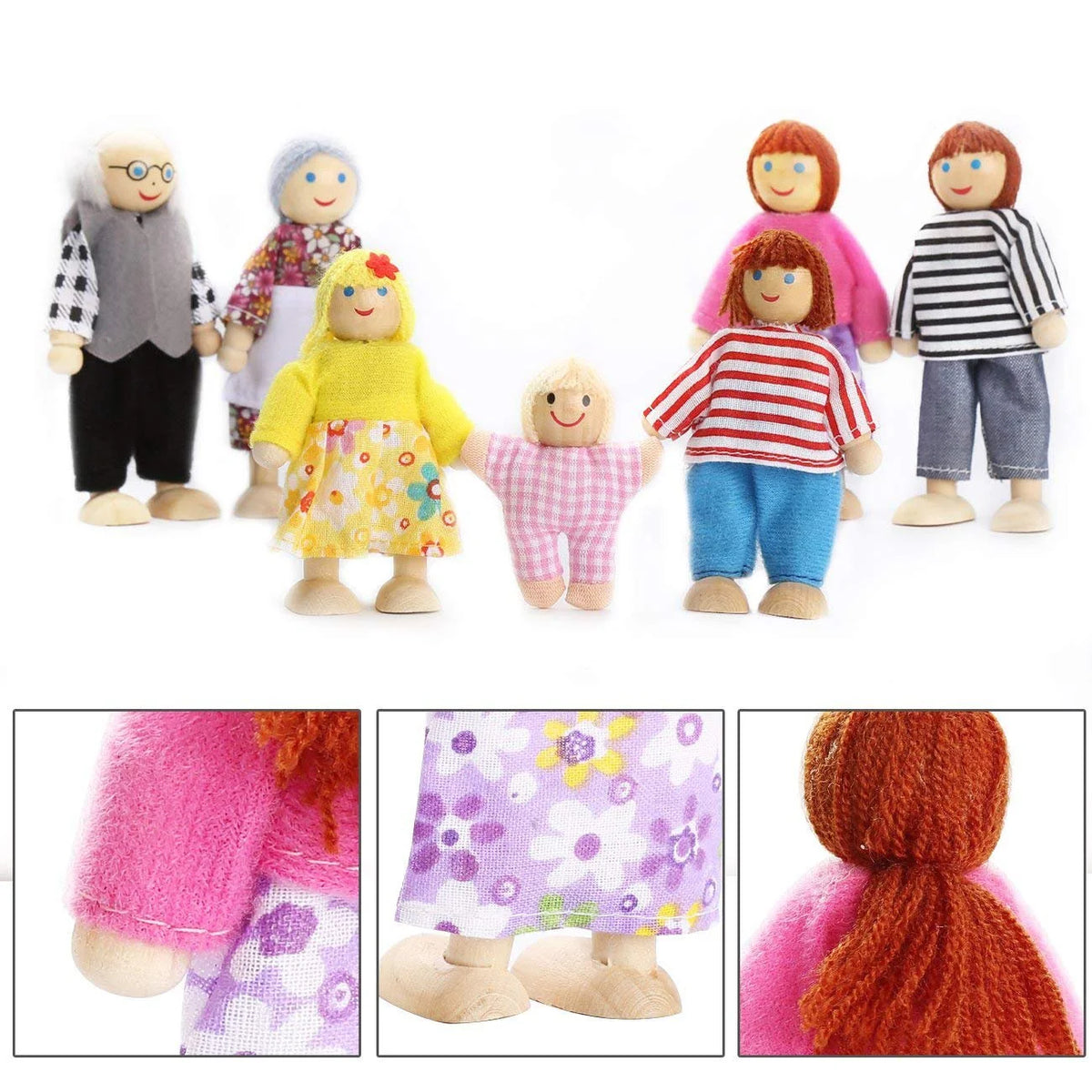 Wooden Dolls Playset Set of 7 People with Dog I5922
