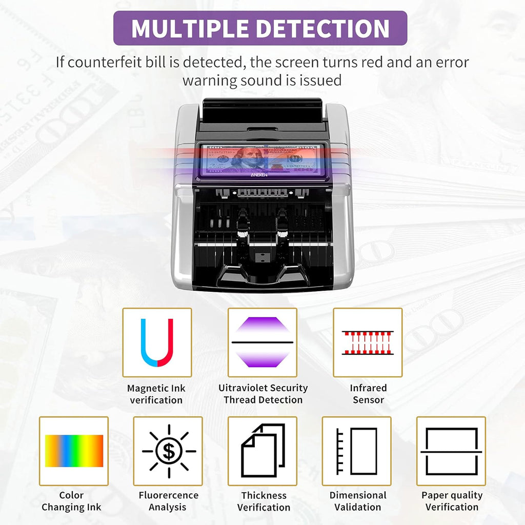 Money Counter Machine with UV/MG/IR/DD Counterfeit Detection, LCD Display, 1000 Bills/Min H1052