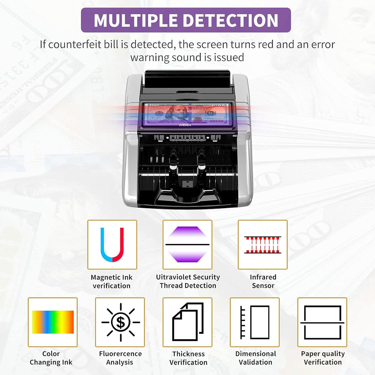 Money Counter Machine with UV/MG/IR/DD Counterfeit Detection, LCD Display, 1000 Bills/Min H1052