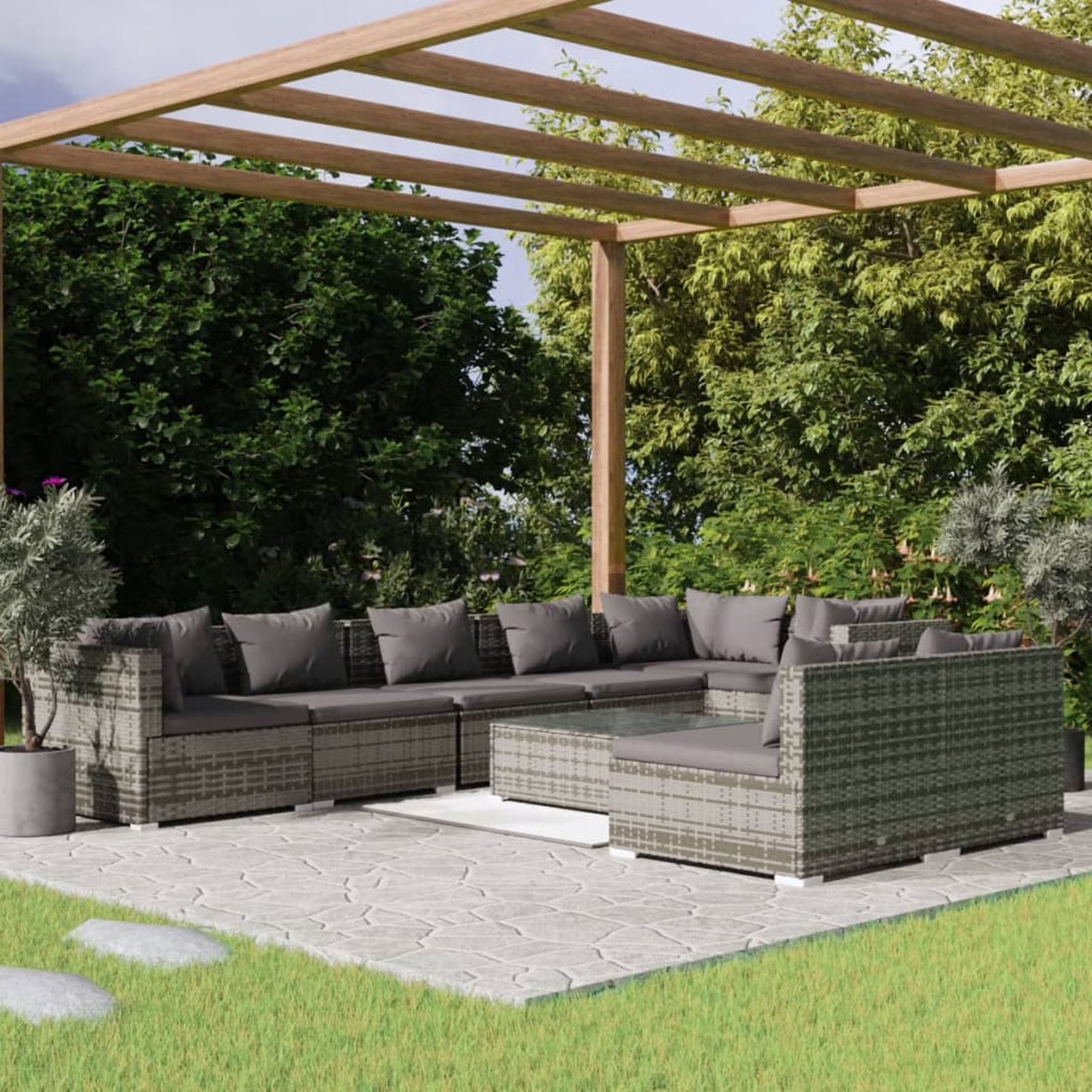 9 Piece Poly Rattan Outdoor Sectional Sofa Set with Anthracite Cushions Steel Frame A865066