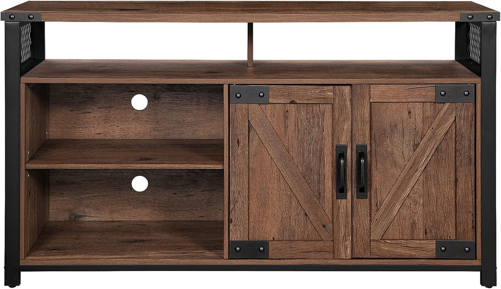 Rustic Brown and Black TV Stand with Barn Doors and Adjustable Storage Shelves C2562