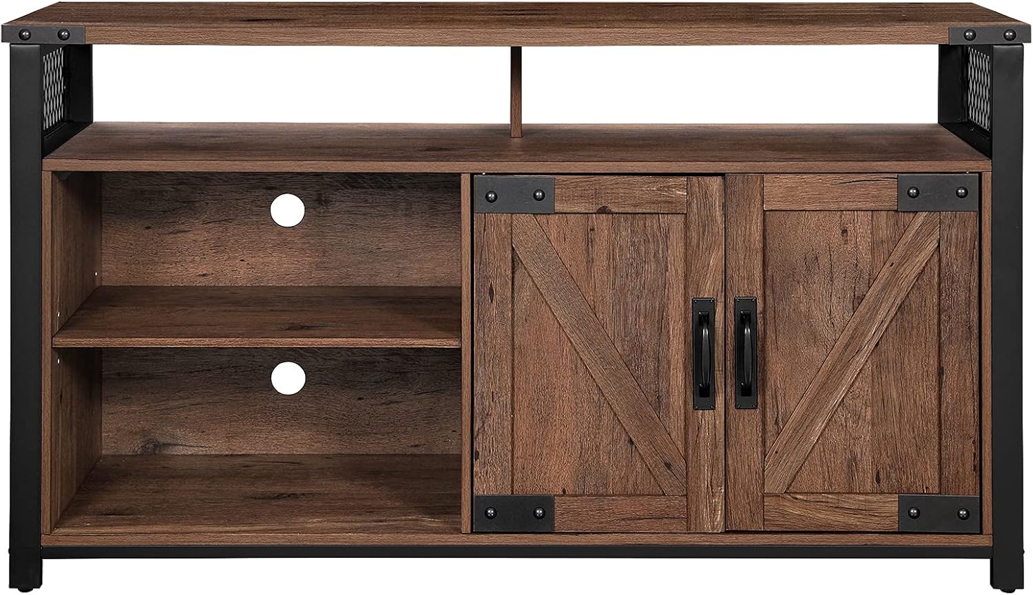 Rustic Brown and Black TV Stand with Barn Doors and Adjustable Storage Shelves C2562