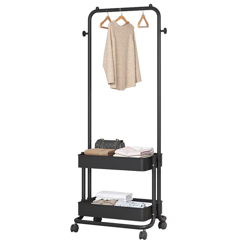 Black Movable Garment Rack with 2 Tiers Basket and 2 Side Hooks K265500