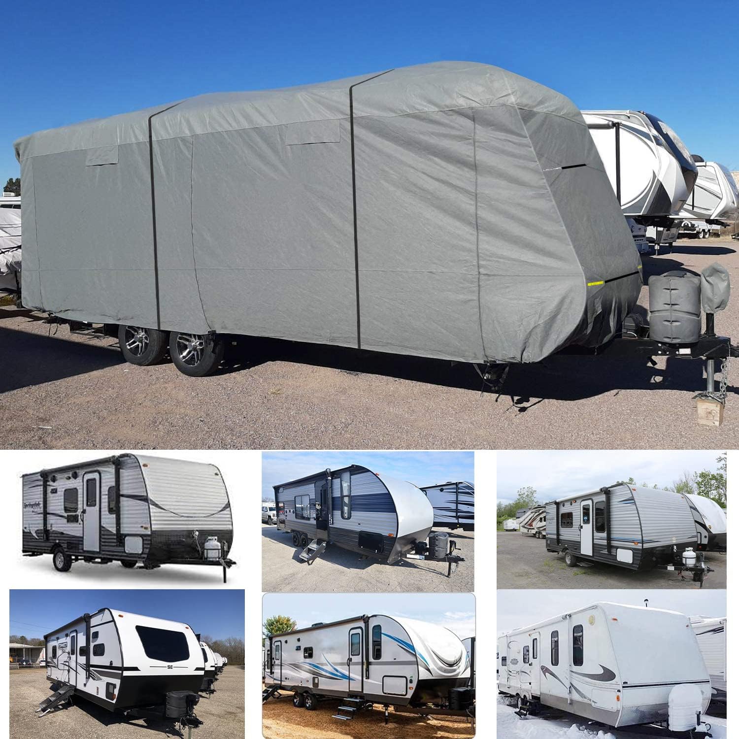 Heavy Duty 6 Layers Windproof Waterproof Camper RV Cover with 4 Tire Covers and 2 Tongue Jack Cover L370