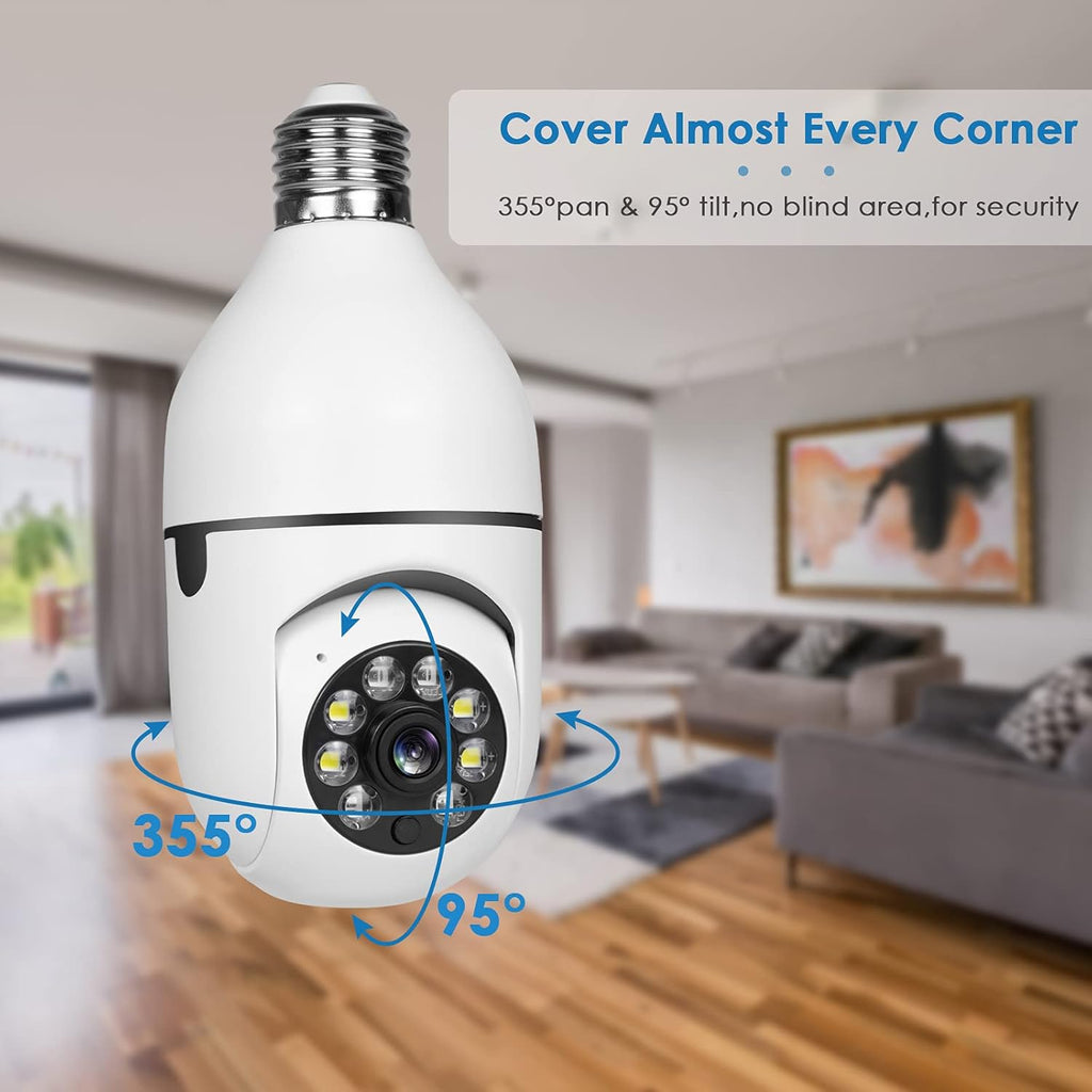 E27 Bulb 1080P Security Camera, PTZ 360 Degree Panoramic Wireless WiFi, Two Way Audio, 32G Memory Card Pack of 2 X2023