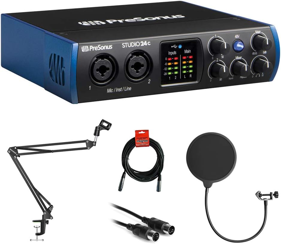 2x2 USB Type-C Audio/MIDI Interface with Pop Filter, Mic Boom Scissor Arm Stand, MIDI Cable & XLR Cable Bundle N709850