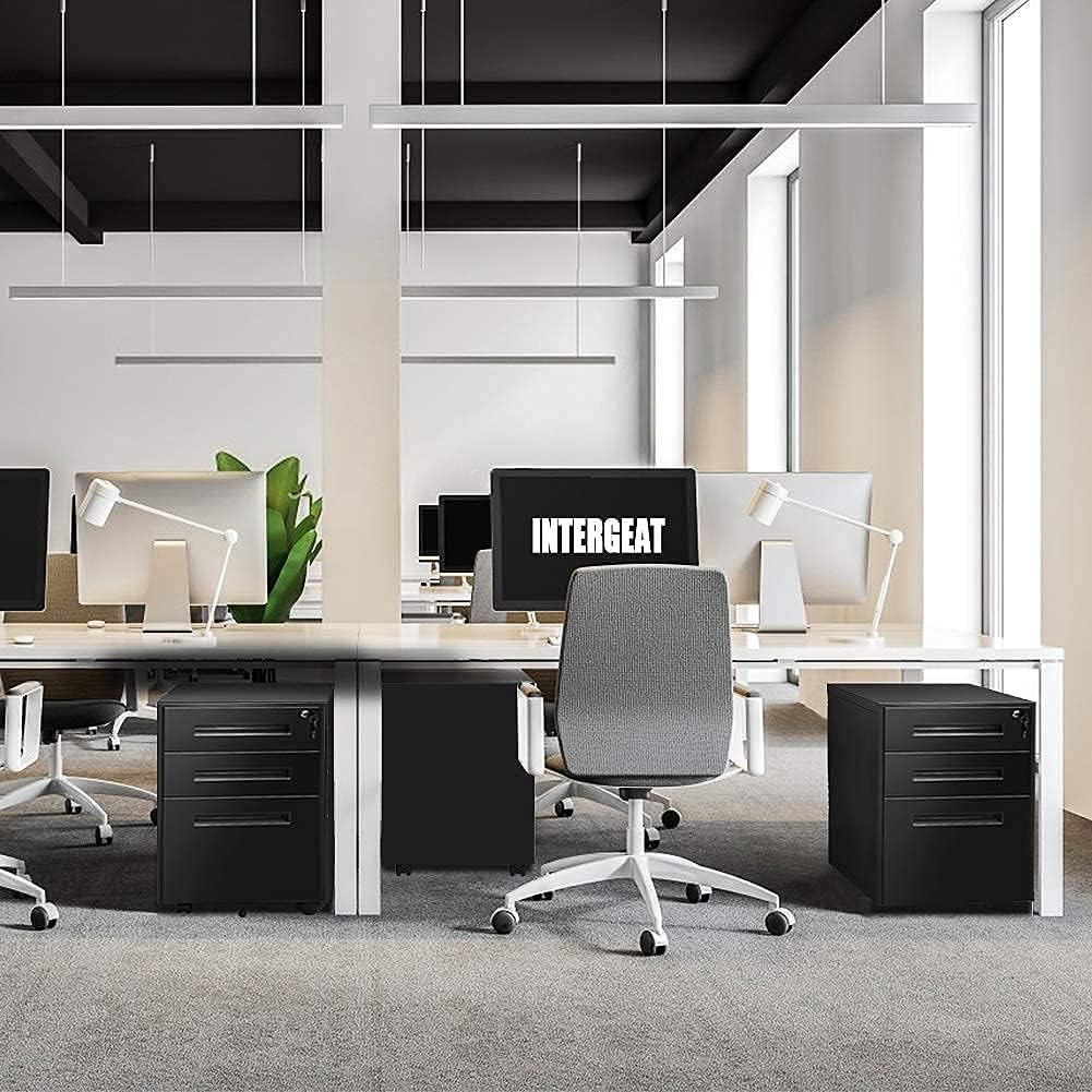 Black Locking Mobile 3 Drawer Filing Cabinet with Metal Steel Frame I769501