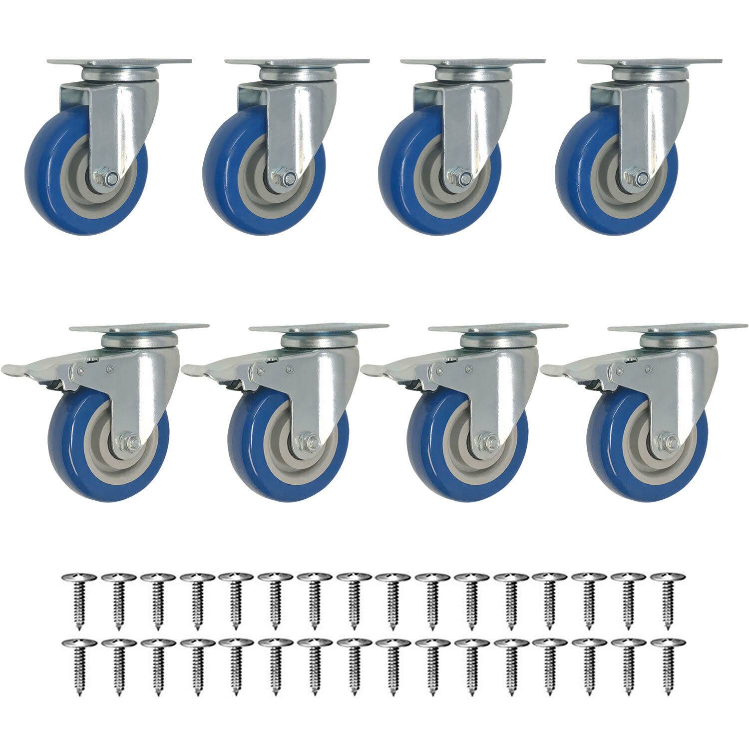 8 Pack 3 inch Swivel Plate Caster Wheels Blue Polyurethane with Screws O84158