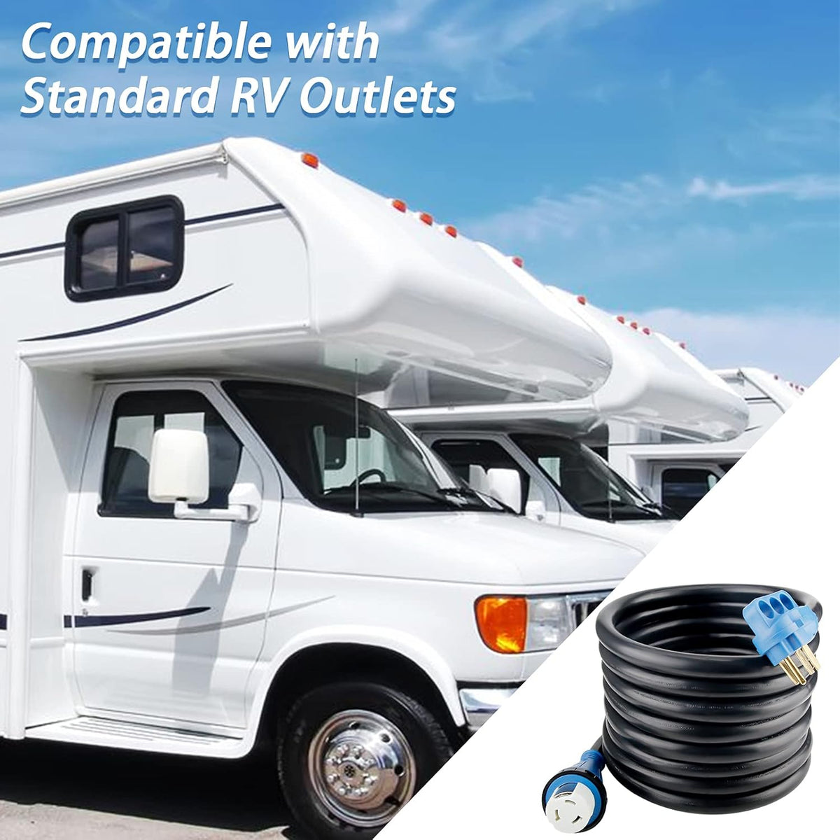 50 Feet RV Power Extension Cord, Heavy Duty STW Wire, Blue K256