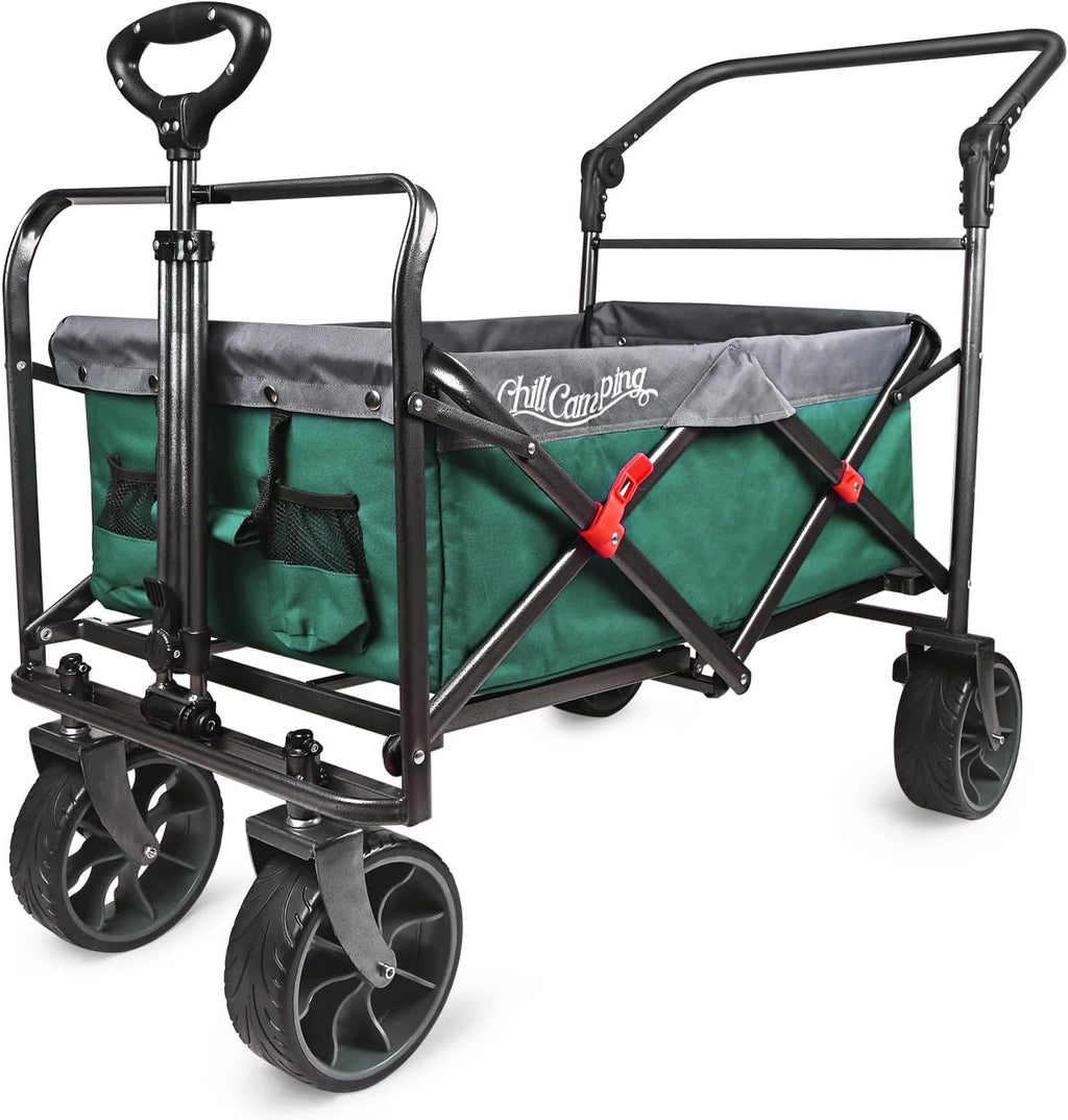 Collapsible Folding Wagon with Adjustable Push Pull Handles, Big Rubber Wheels, Green/Gray K15183