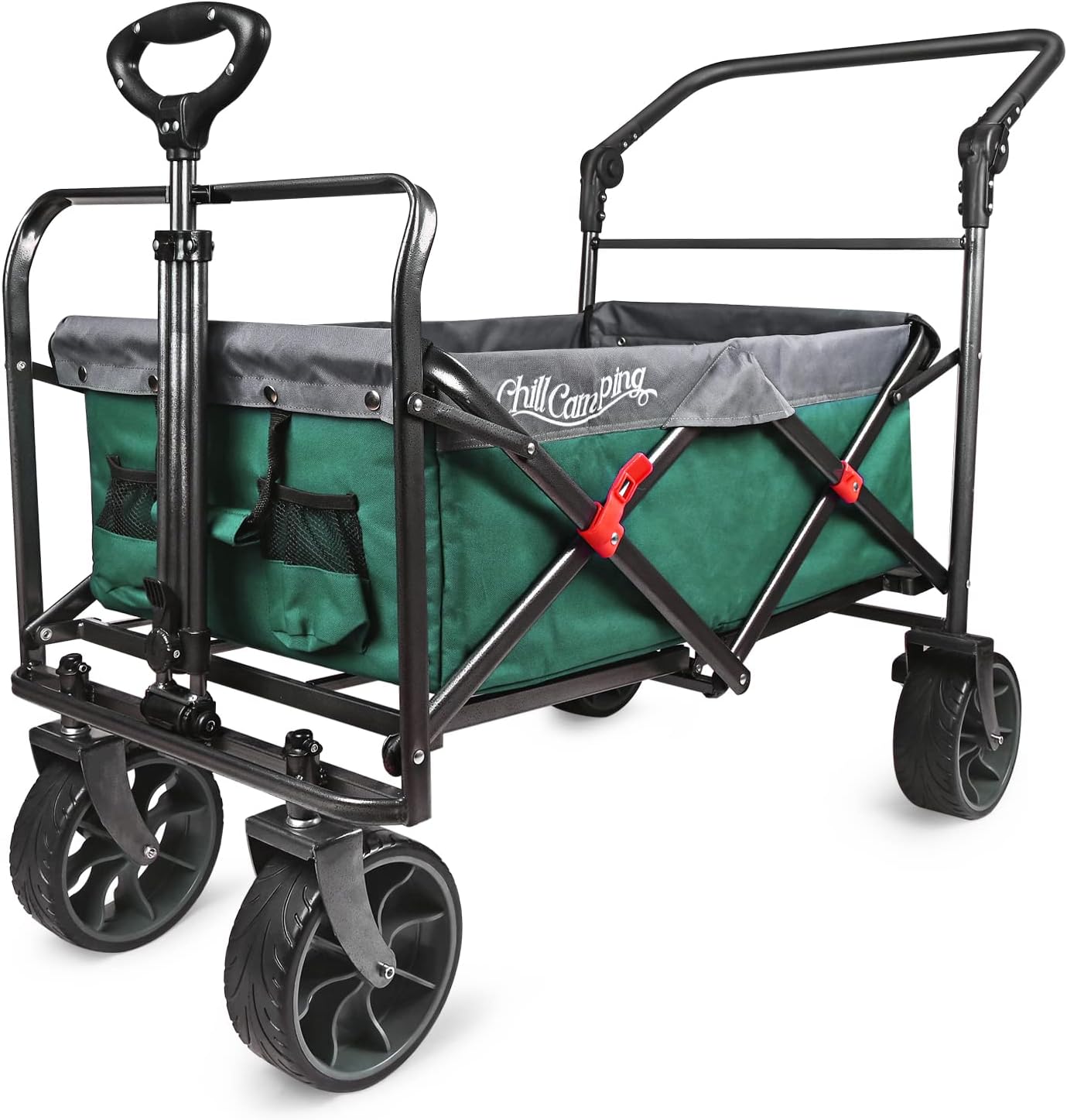 Collapsible Folding Wagon with Adjustable Push Pull Handles, Big Rubber Wheels, Green/Gray K15183