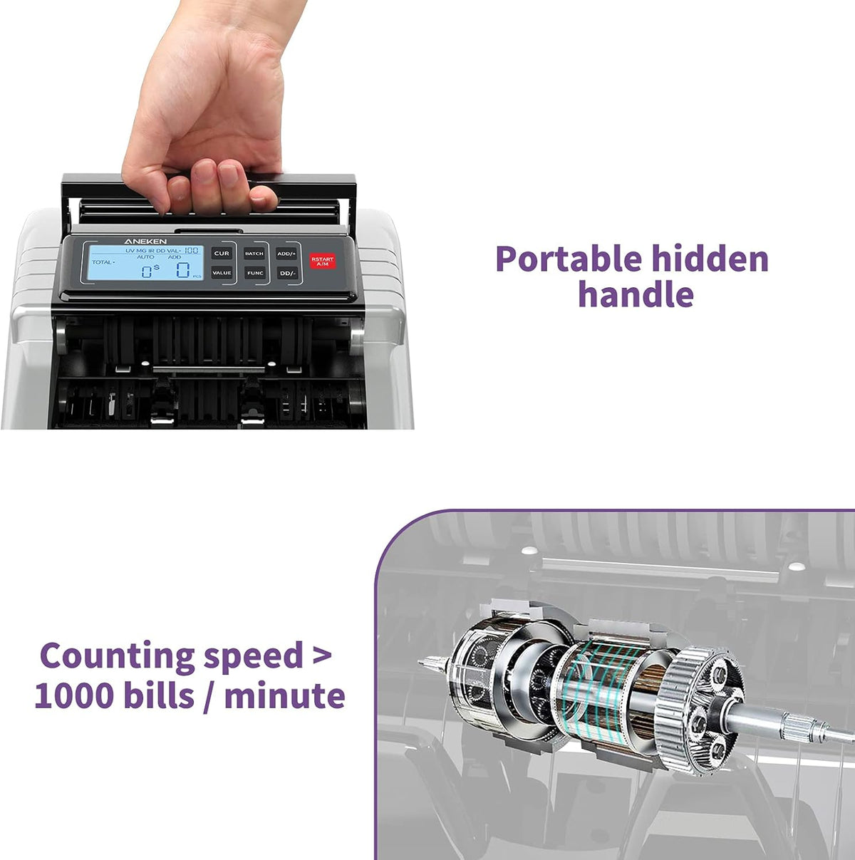 Money Counter Machine with UV/MG/IR/DD Counterfeit Detection, LCD Display, 1000 Bills/Min H1052