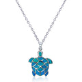 18" Rhodium Created Blue Opal Turtle Dangling Necklace S926