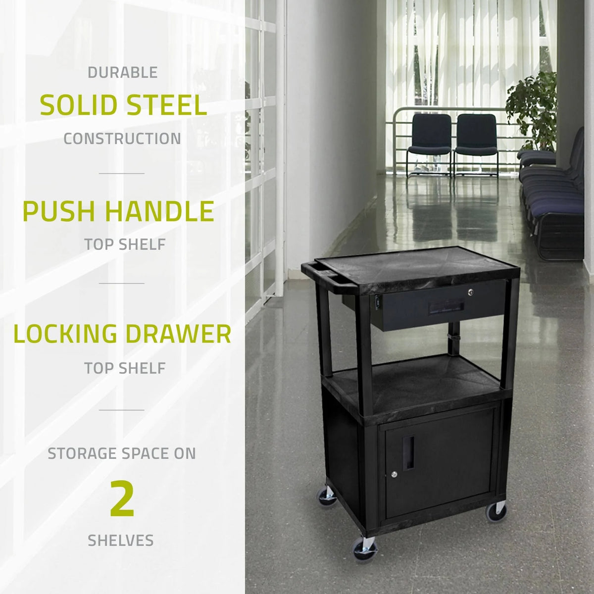 Black Multipurpose Utility Cart with Cabinet and Drawer E365452