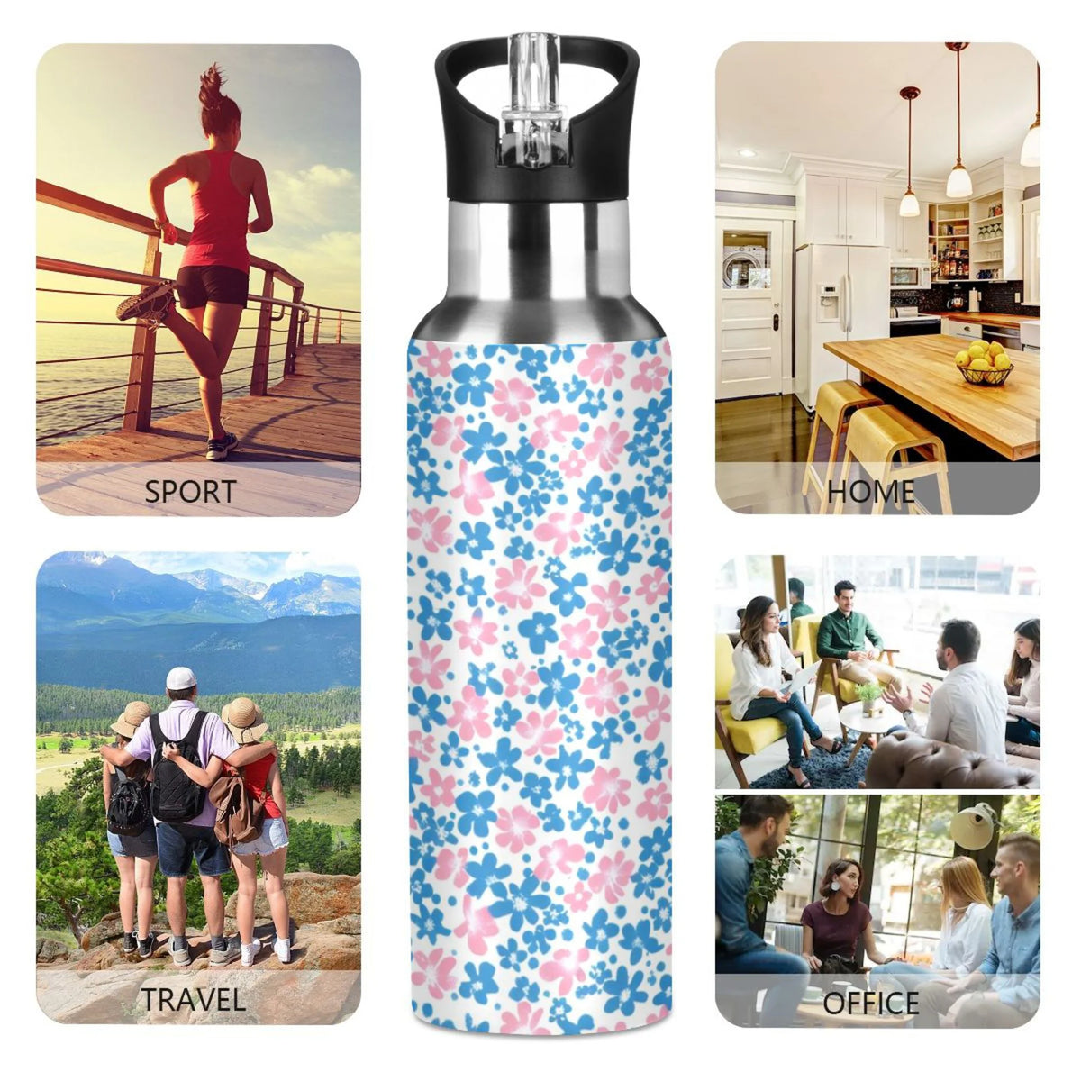 Pink and Blue Floral Insulated Stainless Steel Water Bottle with Straw Lid 20 oz W7784