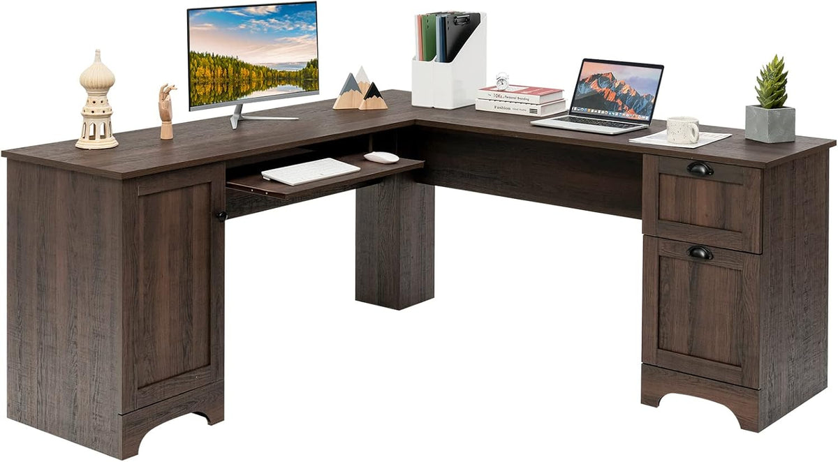 Walnut L Shaped Corner Computer Desk with Storage Drawers F441166