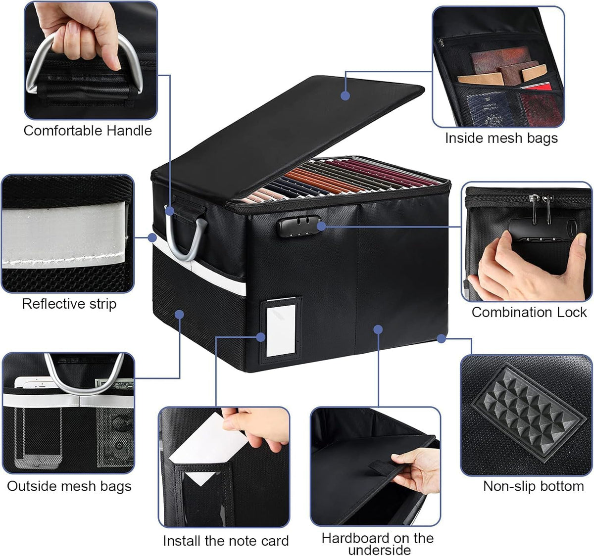 Black Fireproof Document File Organizer Box with Lock, 16.1 x 12.9 x 11in T74546