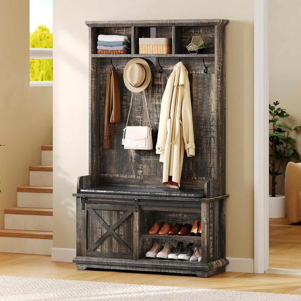 Dark Rustic Oak Hall Tree with Shoe Bench and Coat Rack Storage Bench Cabinet Z266