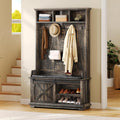 Dark Rustic Oak Hall Tree with Shoe Bench and Coat Rack Storage Bench Cabinet Z266