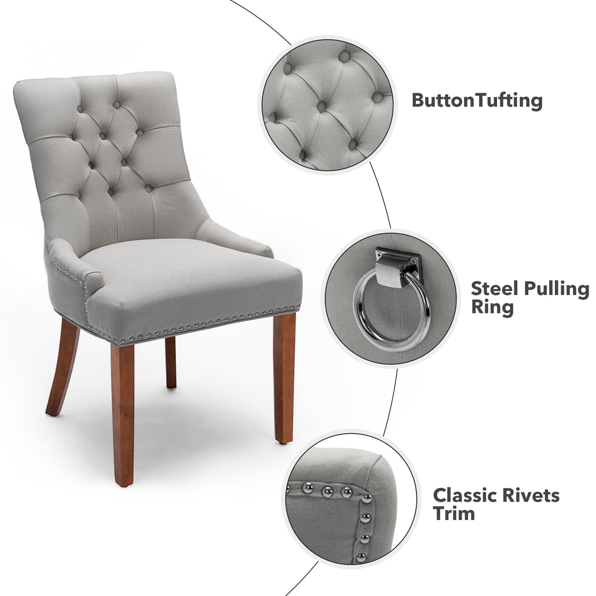 Linen Upholstered Dining Chairs Set of 2 with Solid Wood Legs, Light Gray Z3337