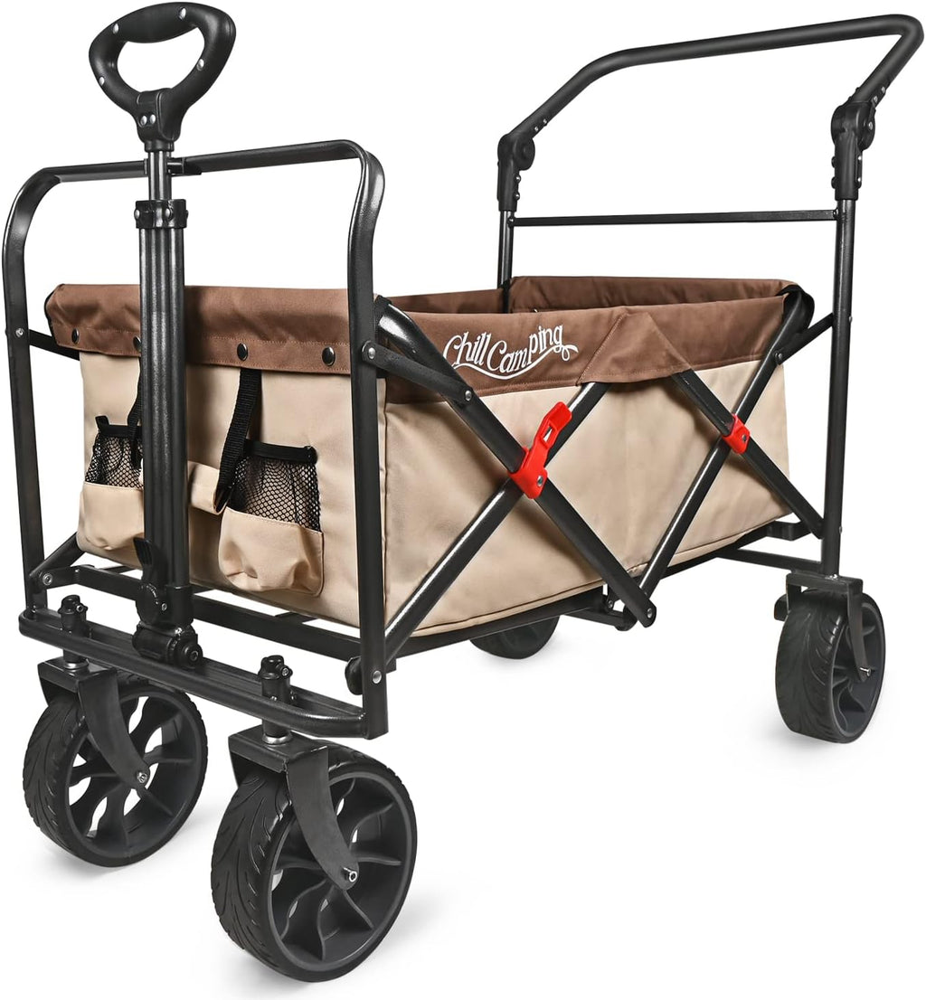 Collapsible Folding Wagon with Adjustable Push Pull Handles, Big Rubber Wheels, Green/Gray K15183