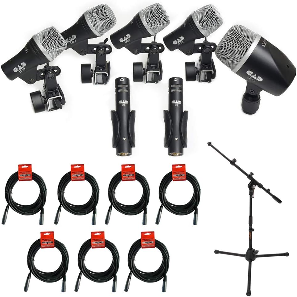 7 Pc Drum Microphone Pack with Tripod Microphone Stand & 7 x XLR Cable Y140