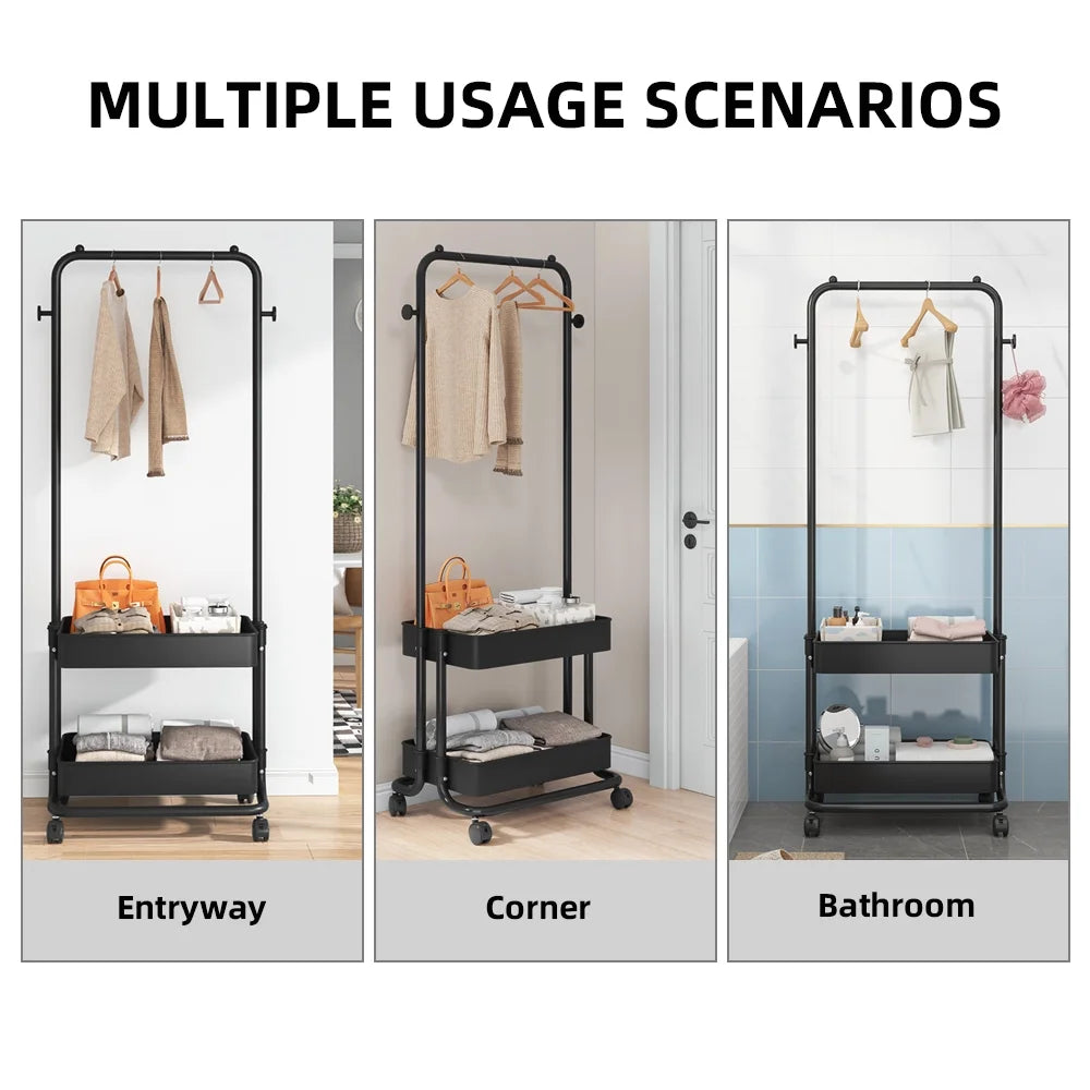 Black Movable Garment Rack with 2 Tiers Basket and 2 Side Hooks K265500