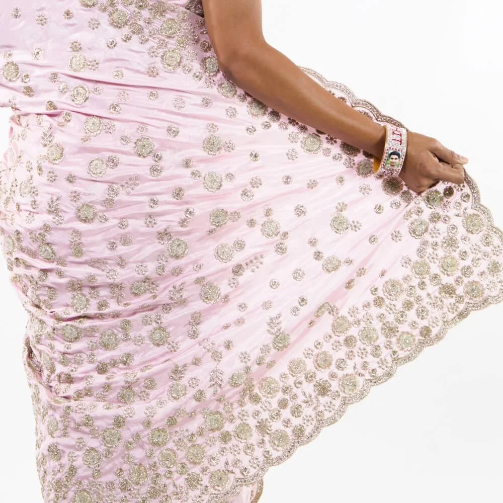 Pink Satin Silk Saree with Bead Work Embroidery X302