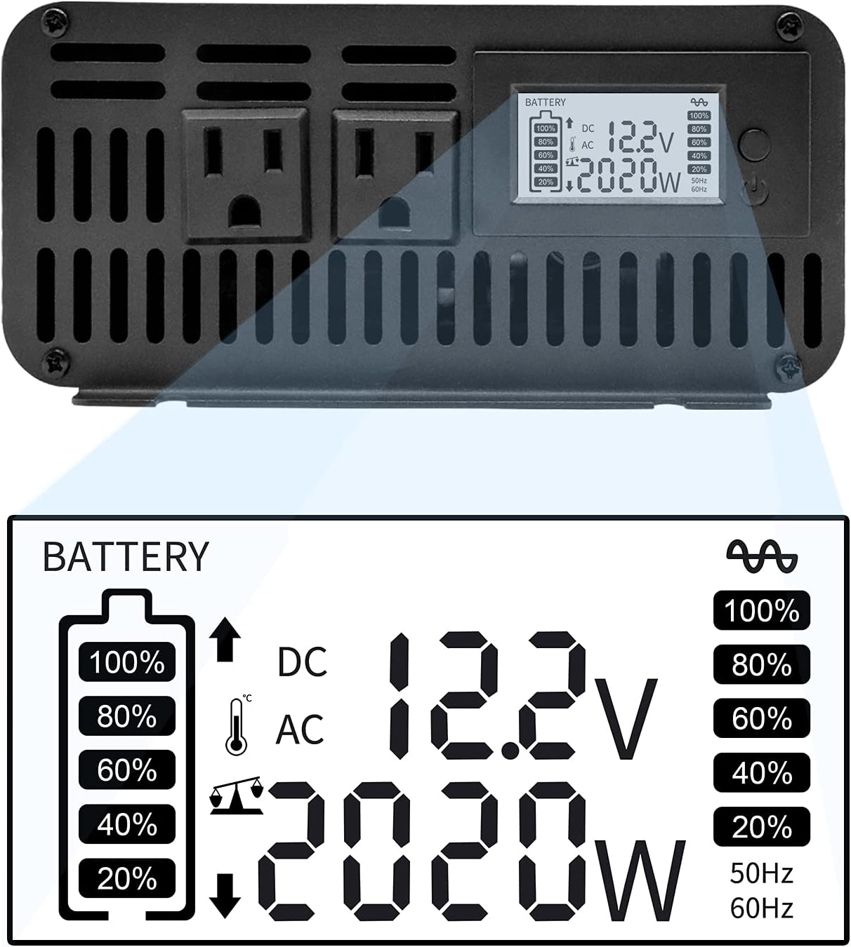 2000W Pure Sine Wave Power Inverter DC 12V to 110V AC Dual AC Outlets with Remote Control & LCD Display E531