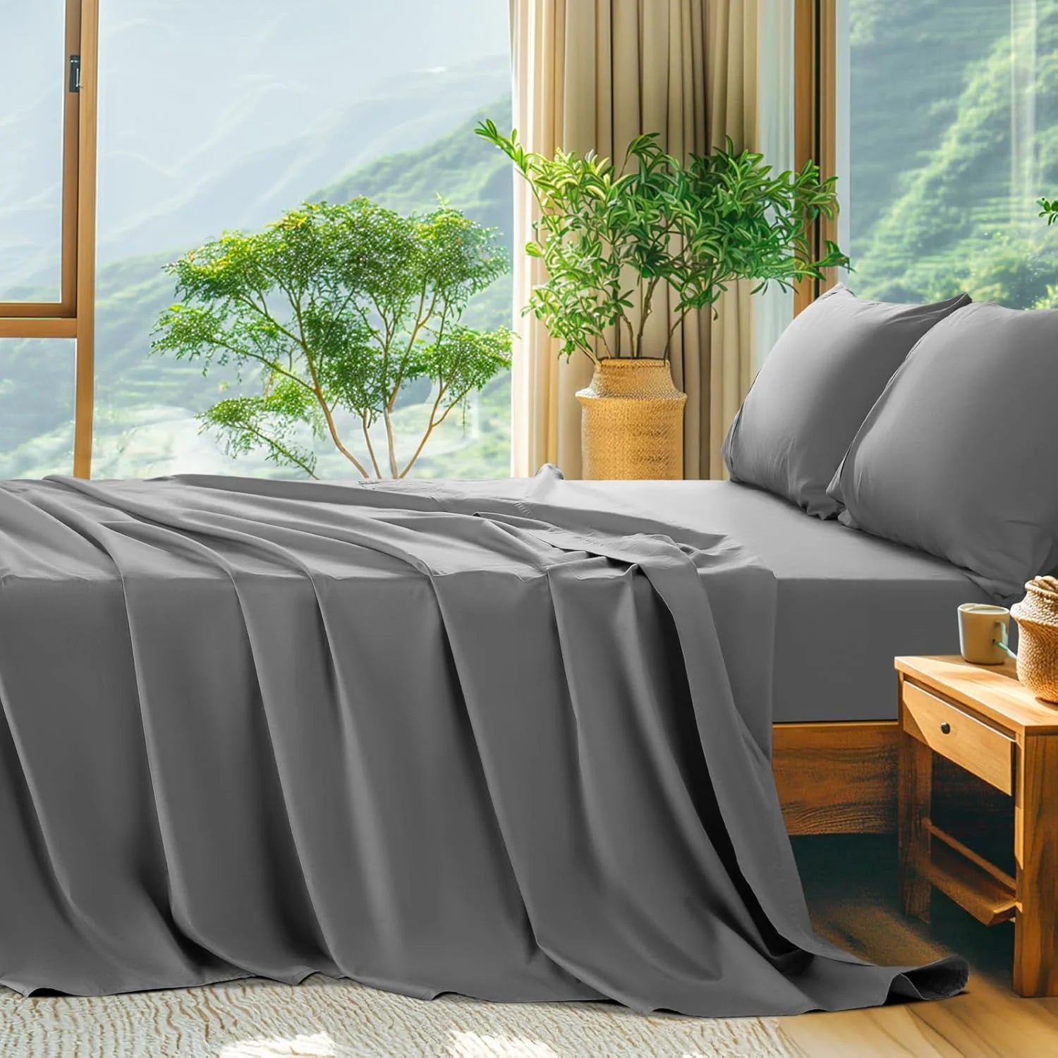 Queen Size 4 PC Cotton Sateen Bed Sheet Set with Deep Pocket O409