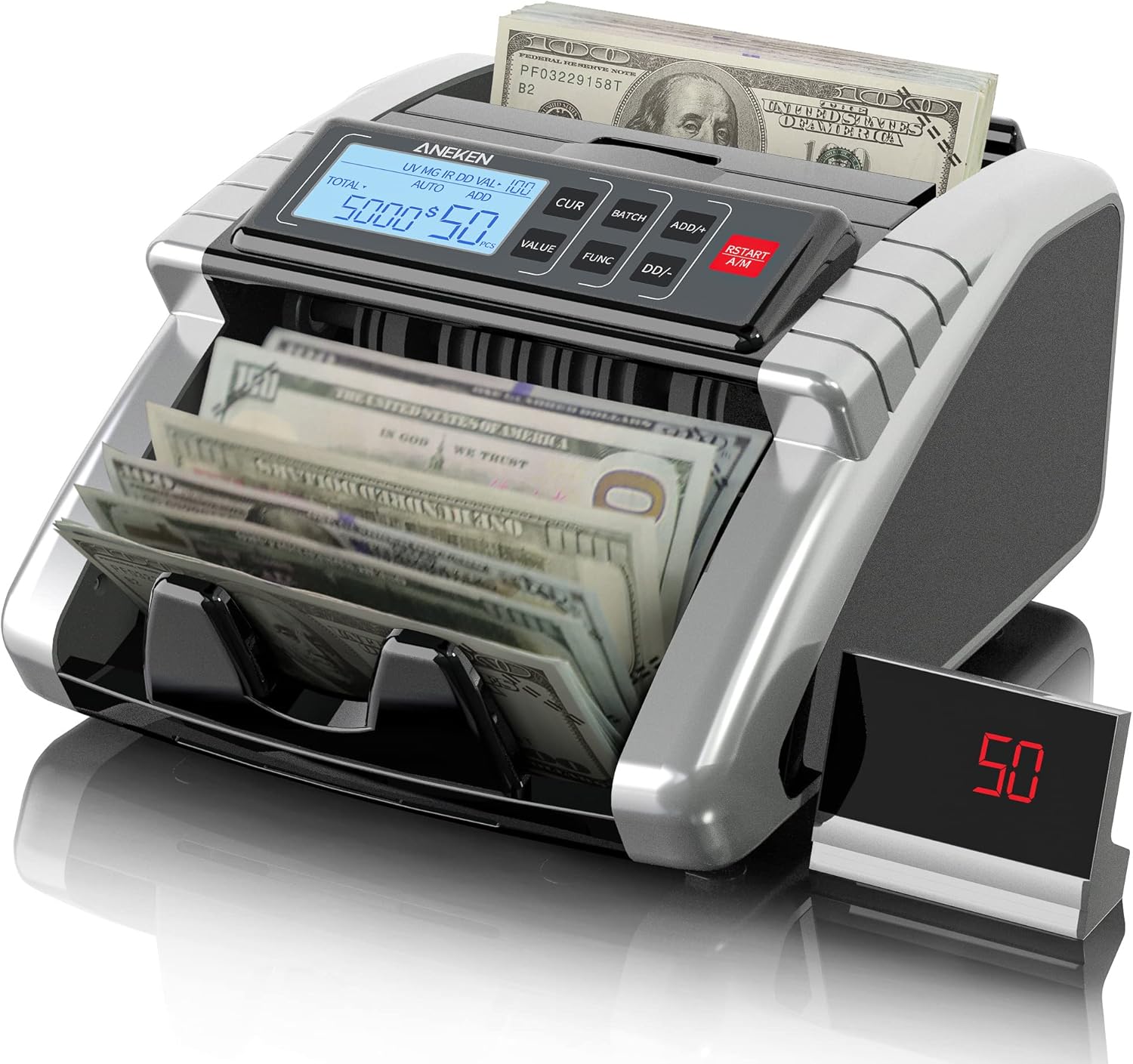 Money Counter Machine with UV/MG/IR/DD Counterfeit Detection, LCD Display, 1000 Bills/Min H1052