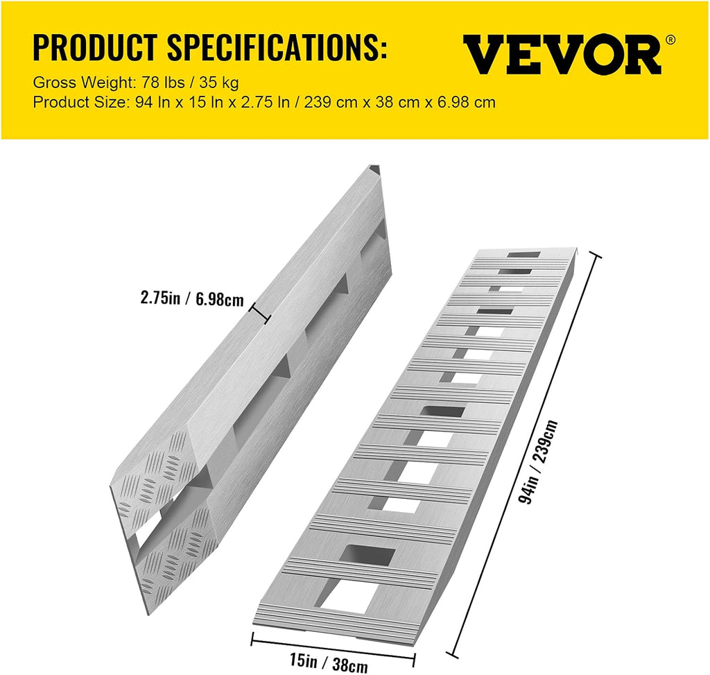 94 X 15 X 2.75 Inch Aluminum 6000LBS Capacity Car Trailer Truck ATV 1 Pair 2 Ramps P1346