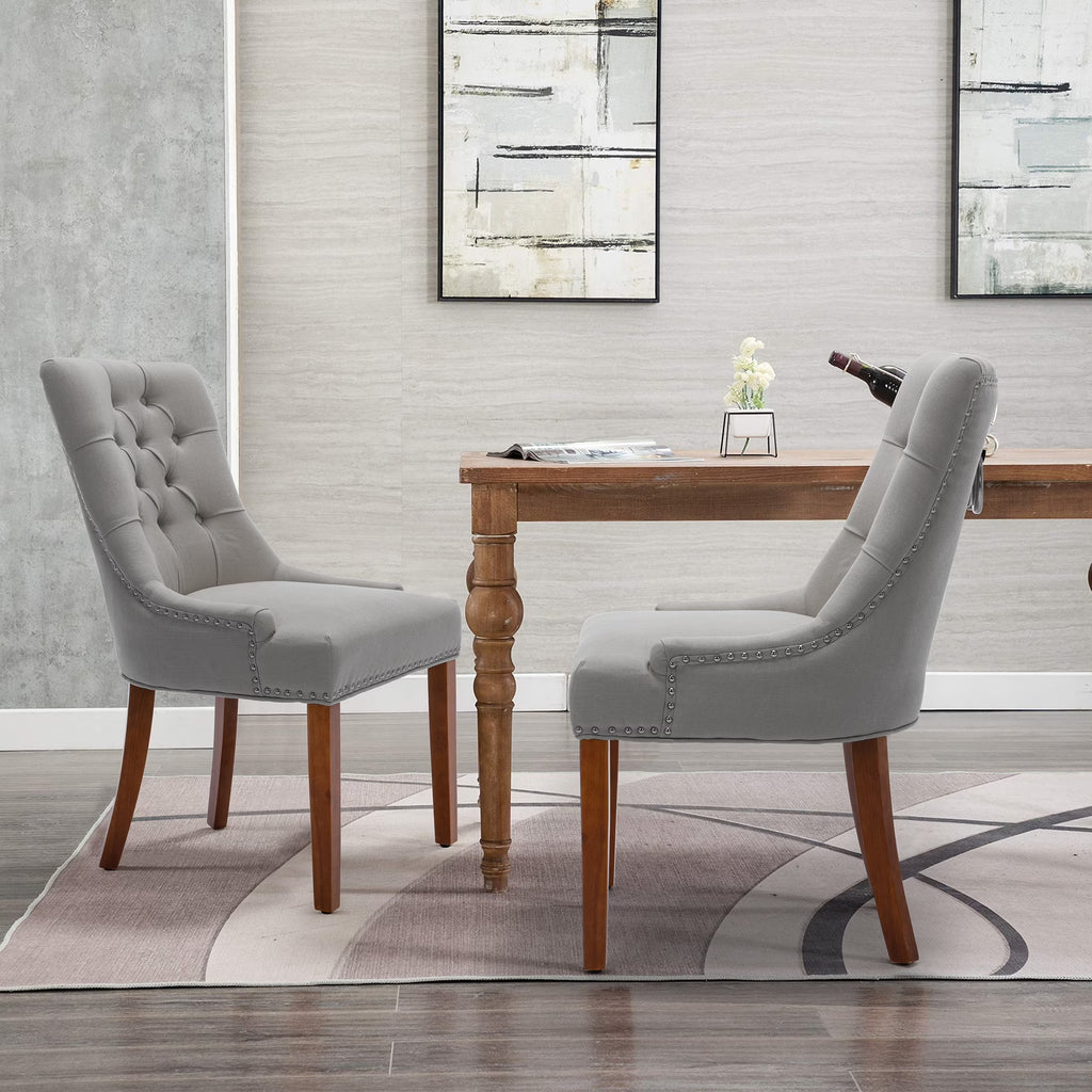 Linen Upholstered Dining Chairs Set of 2 with Solid Wood Legs, Light Gray Z3337
