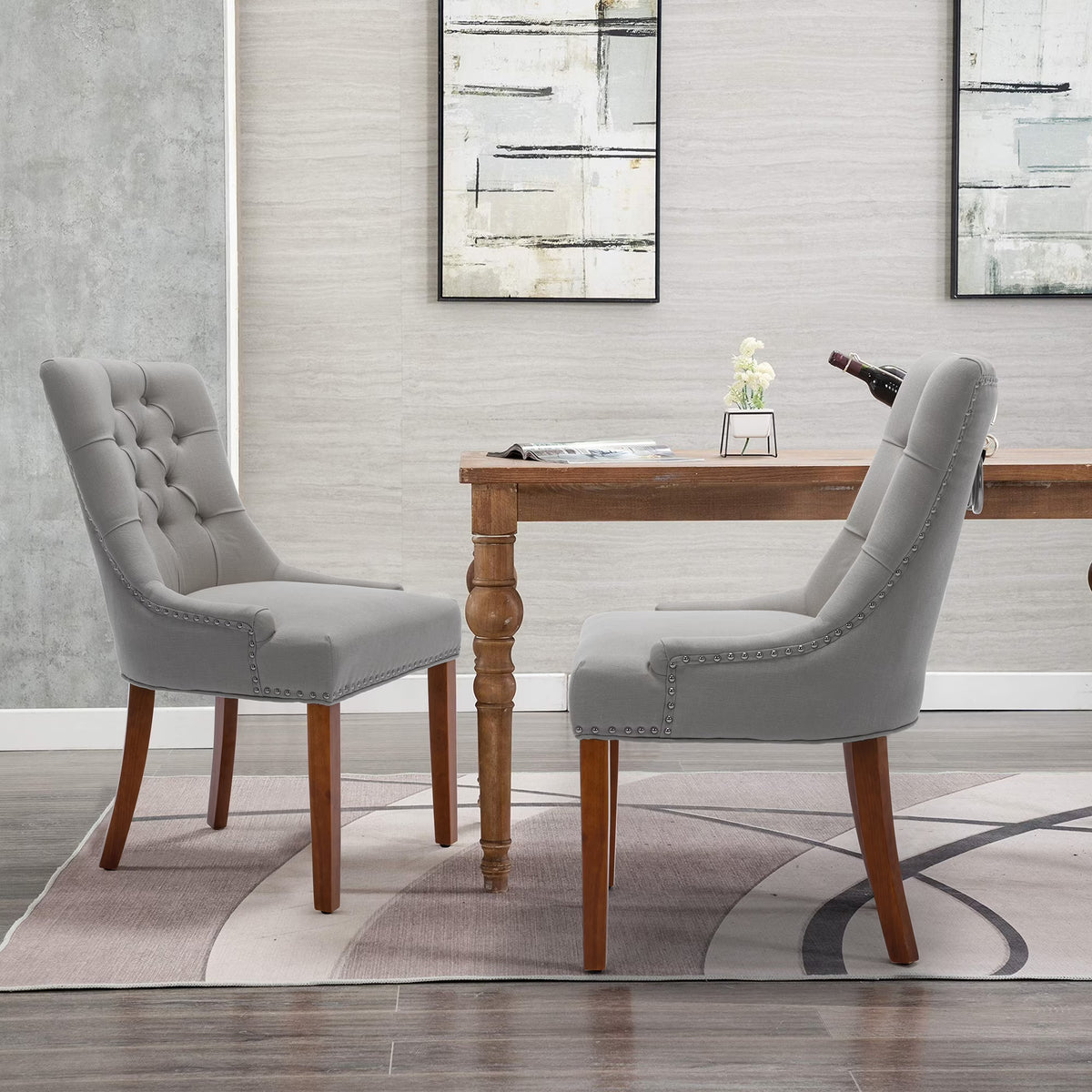 Linen Upholstered Dining Chairs Set of 2 with Solid Wood Legs, Light Gray Z3337