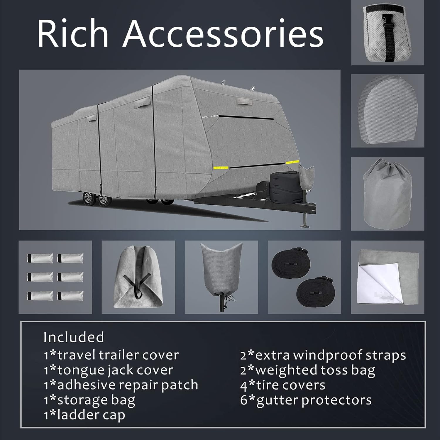 Heavy Duty 6 Layers Windproof Waterproof Camper RV Cover with 4 Tire Covers and 2 Tongue Jack Cover L370