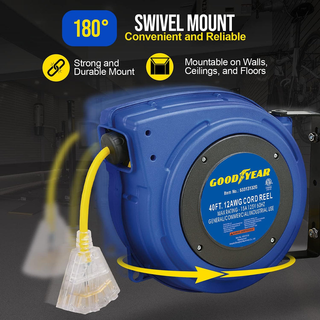 Extension Cord Reels 12AWG 40 FT SJTOW Cable with LED Light-Up Tap S738