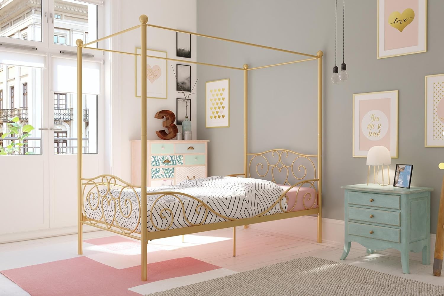 Twin Size Metal Canopy Bed with Bed Frame I846815