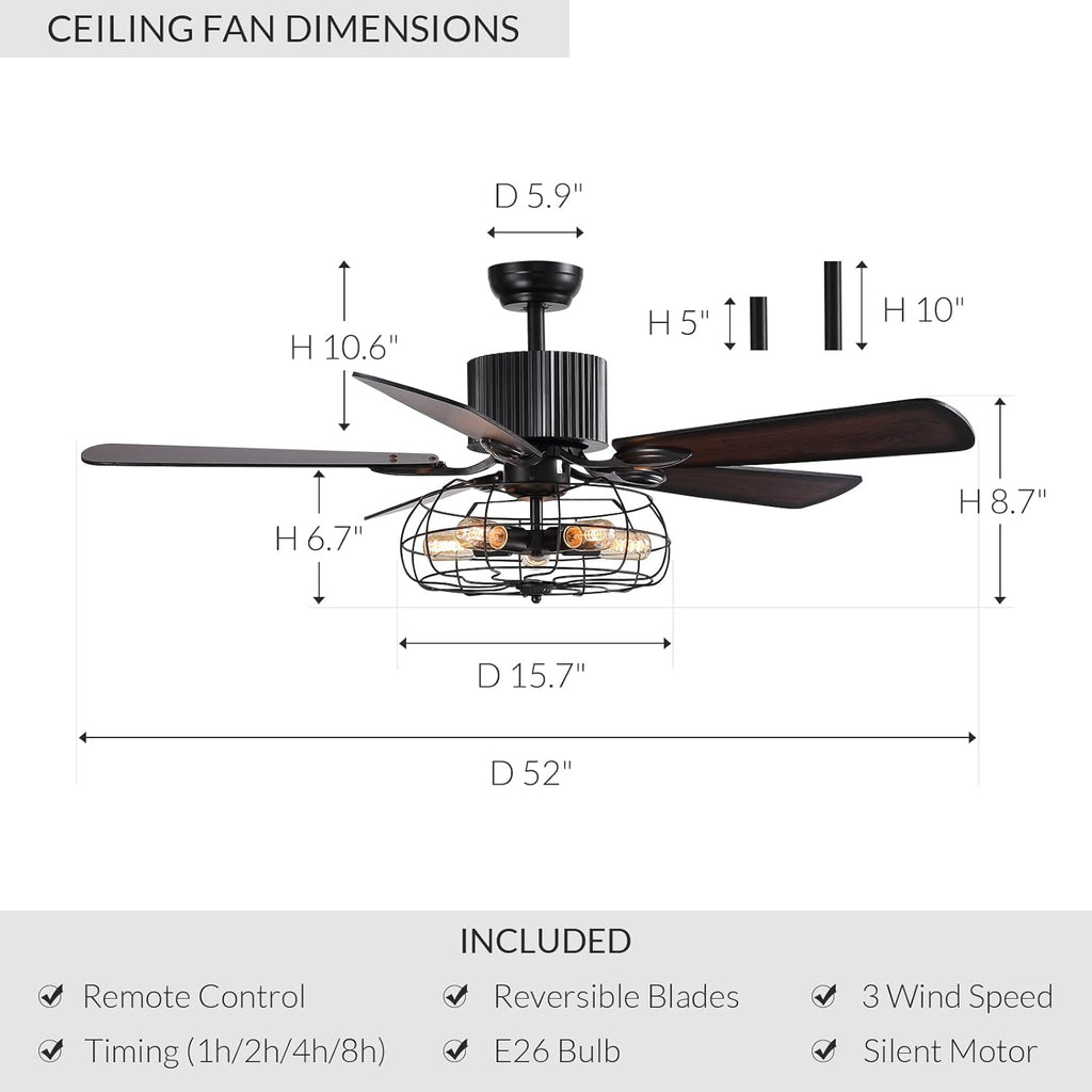 52 Inch Black Ceiling Fan with Lights Remote Control 5 Wood Blades M703666