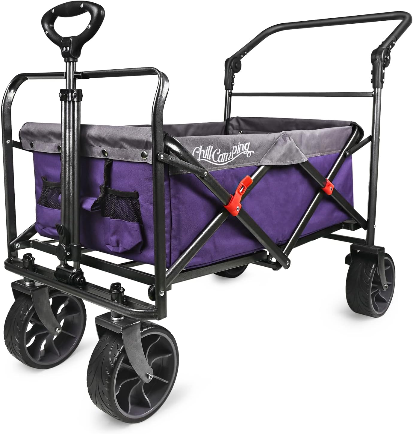 Collapsible Folding Wagon with Adjustable Push Pull Handles, Big Rubber Wheels, Green/Gray K15183