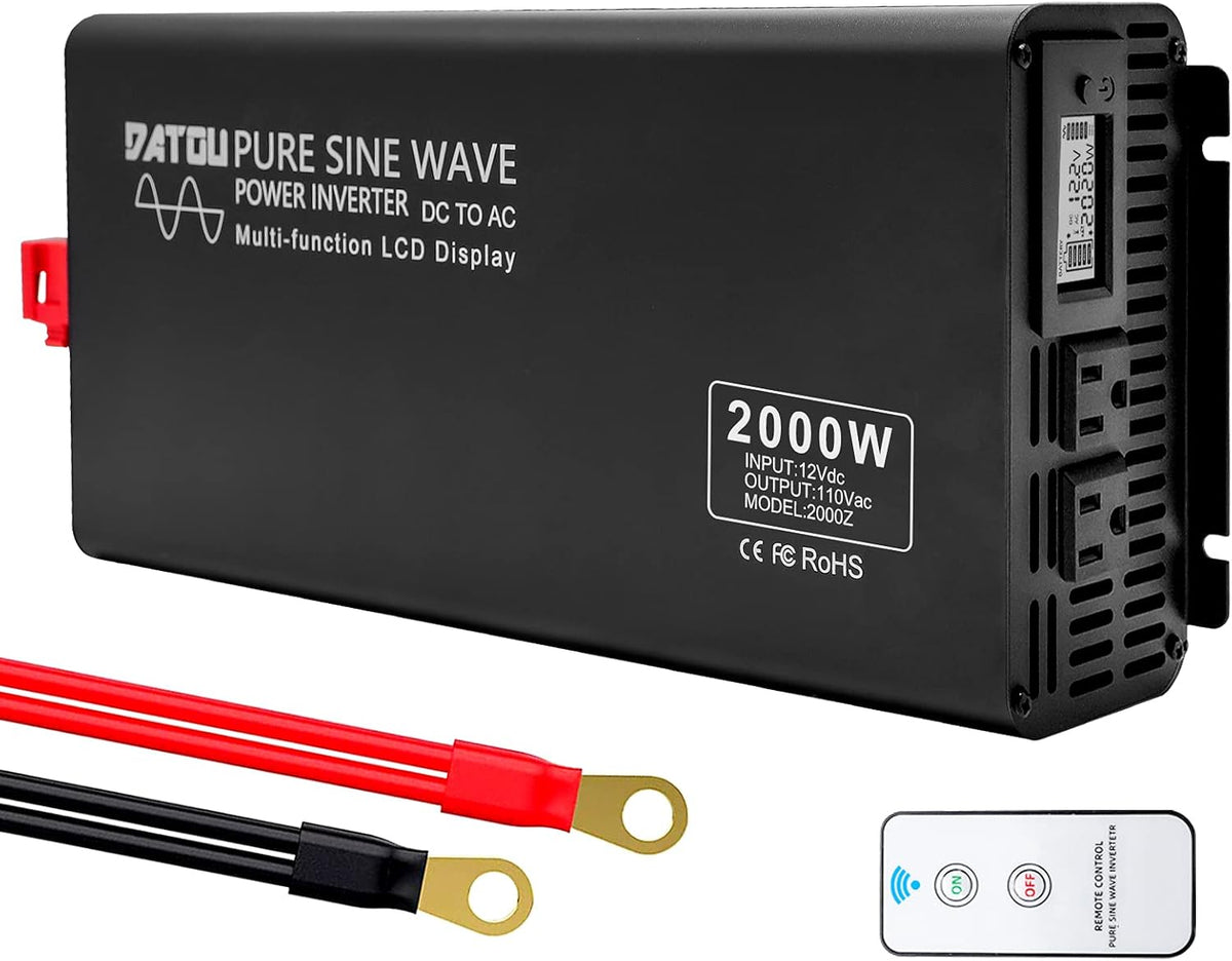 2000W Pure Sine Wave Power Inverter DC 12V to 110V AC Dual AC Outlets with Remote Control & LCD Display E531