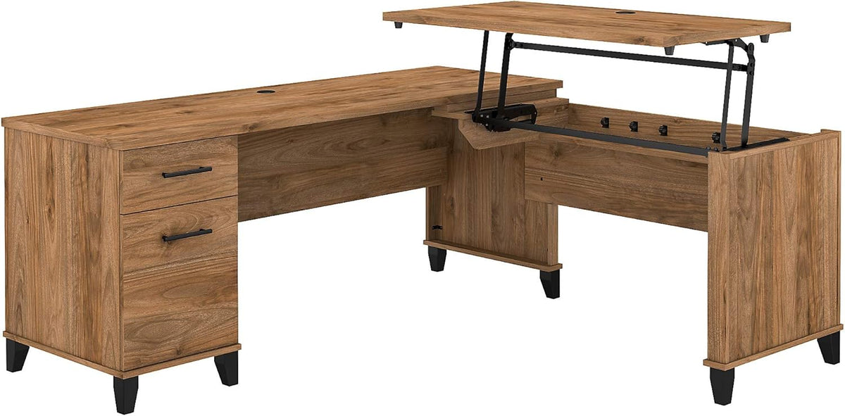 72W Sit to Stand L Shaped Desk in Hansen Cherry U5347