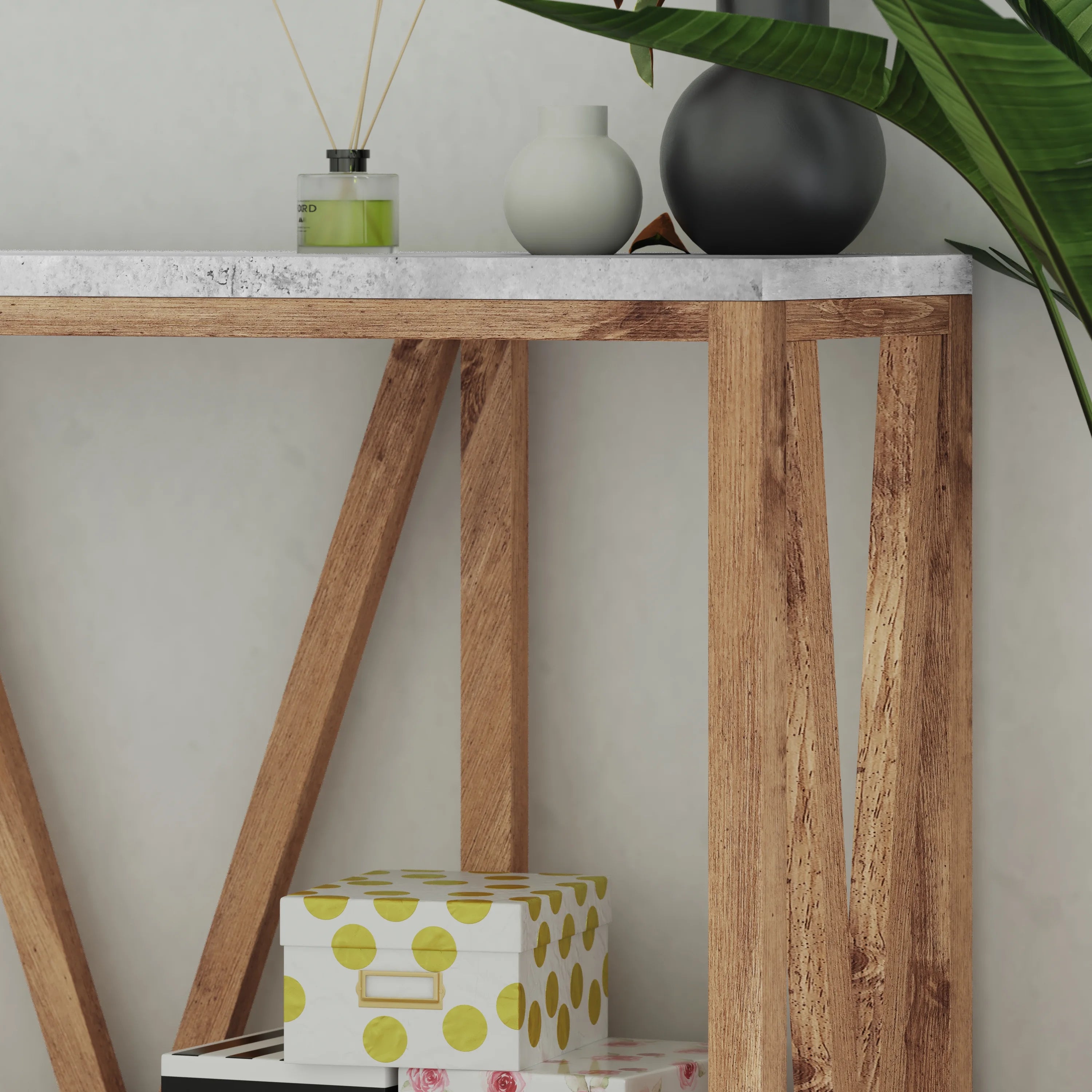 Warm Oak Console Accent Table with Faux Concrete Finished Wood Top R833