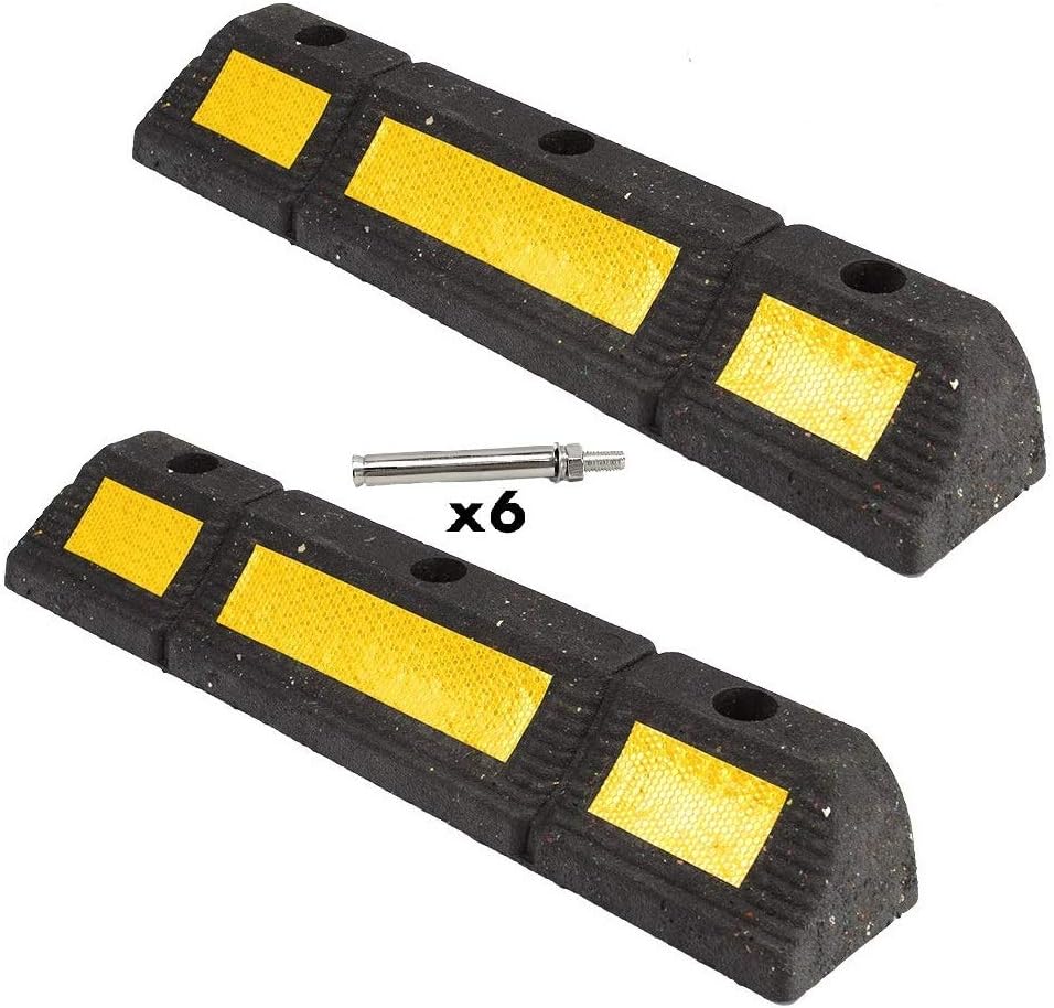 Black Heavy Duty Rubber Parking Blocks with Yellow Reflective Stripes, 2 Pack E64451