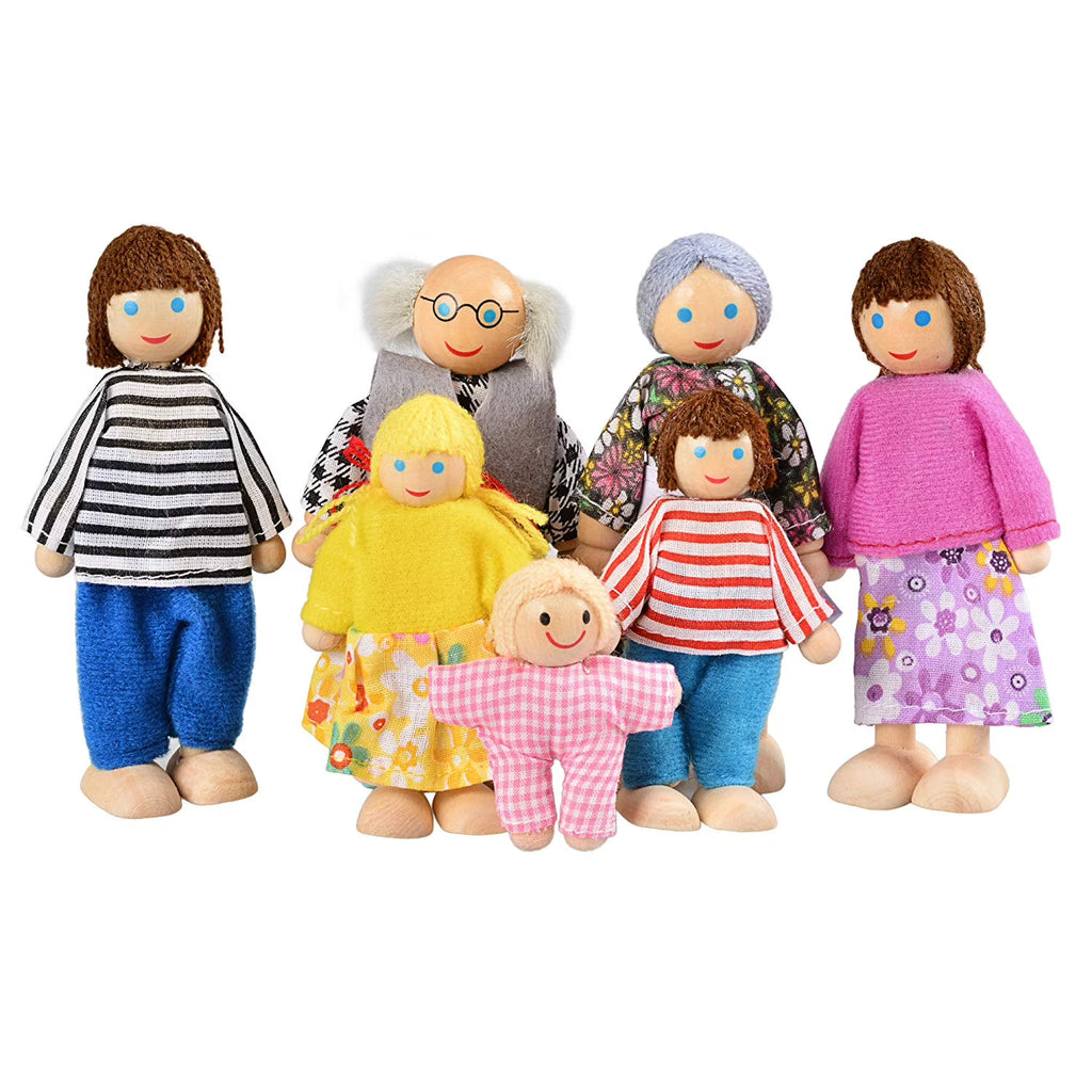 Wooden Dolls Playset Set of 7 People with Dog I5922