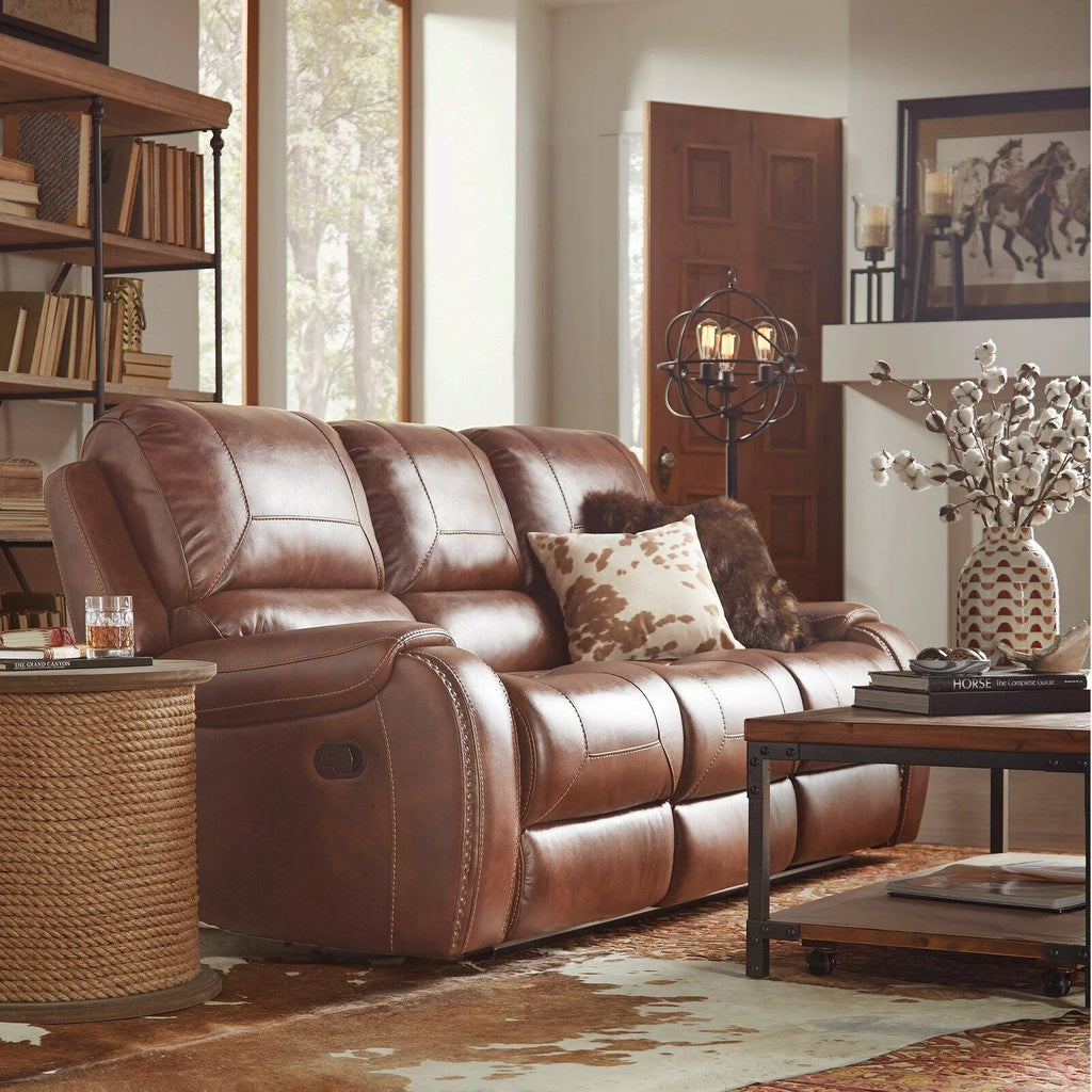 Brown Leather Manual Reclining Sofa with Storage Console and USB Port Q271
