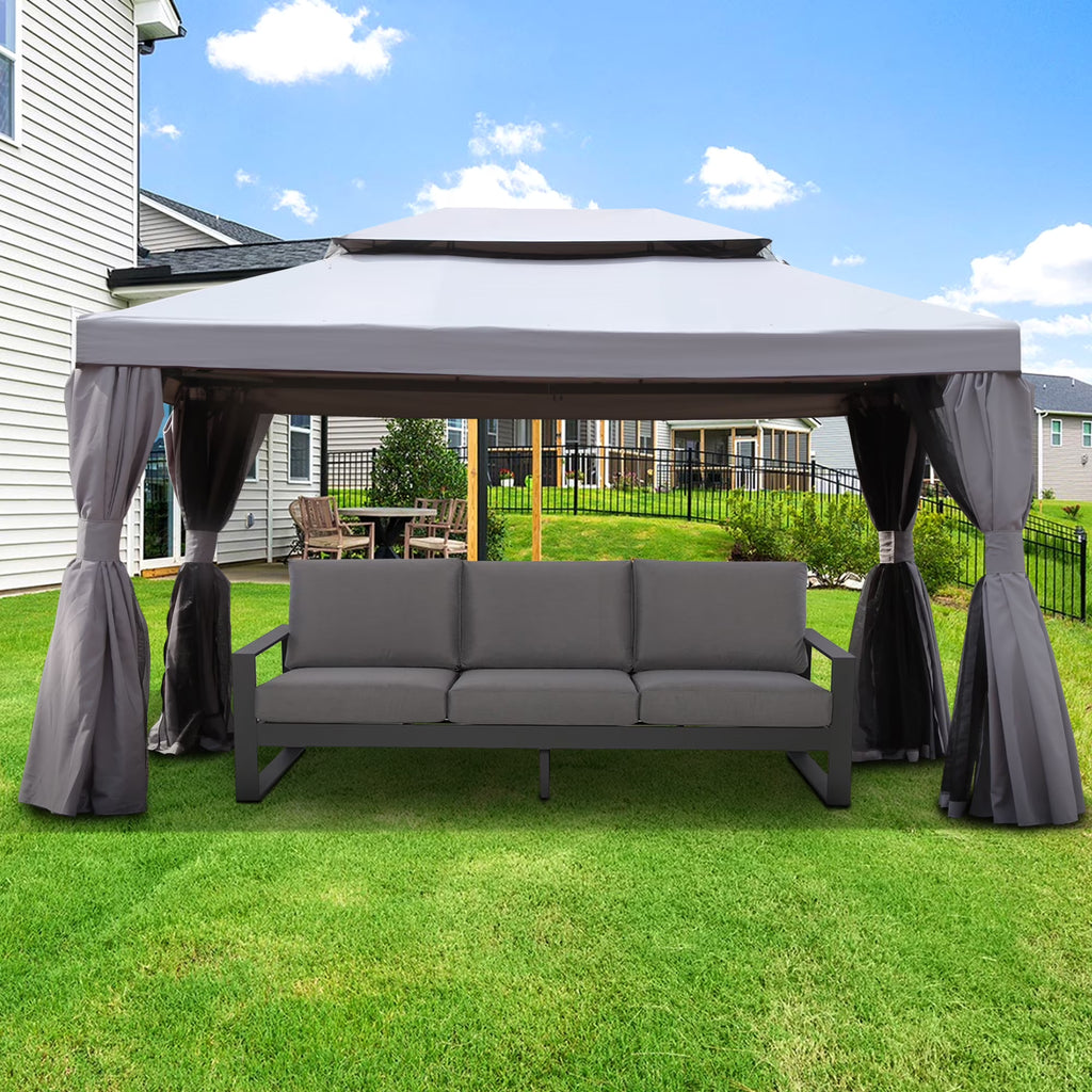 10'x13' Outdoor Double Vent Canopy Gazebo with Nettings and Curtains D701