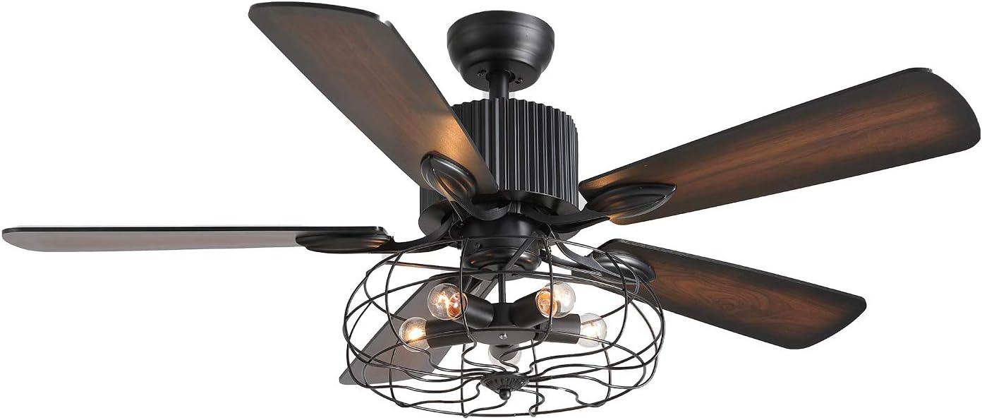 52 Inch Black Ceiling Fan with Lights Remote Control 5 Wood Blades M703666