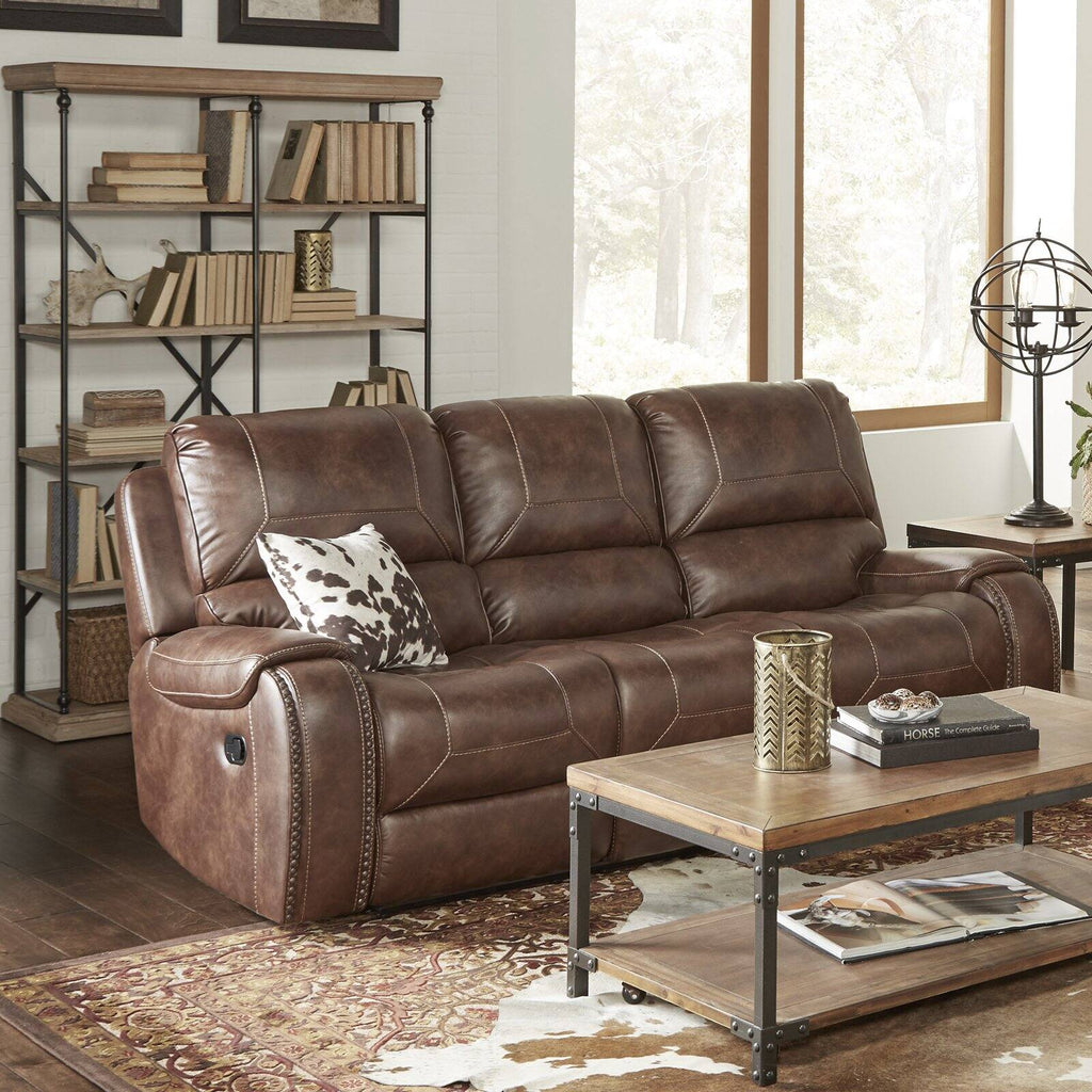Brown Leather Manual Reclining Sofa with Storage Console and USB Port Q271