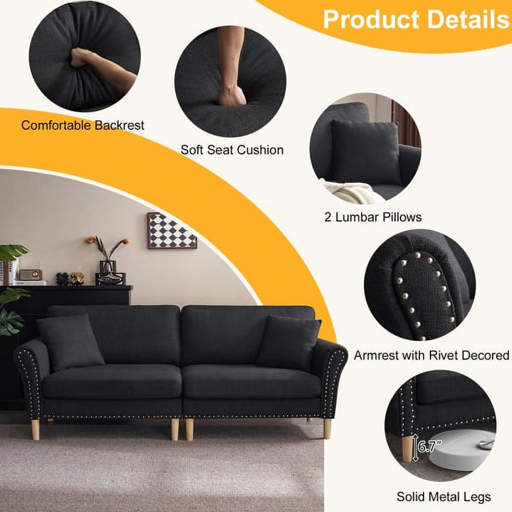 Black Upholstered 2-Seat Loveseat Sofa with 2 Pillows N986